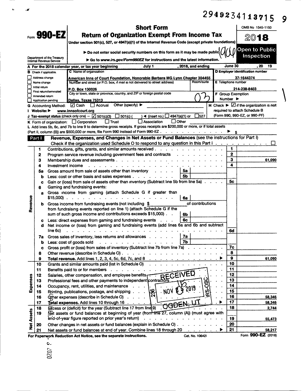 Image of first page of 2018 Form 990EZ for American Inns of Court Foundation - 30445 Honorable Barbara M G Lynn CH