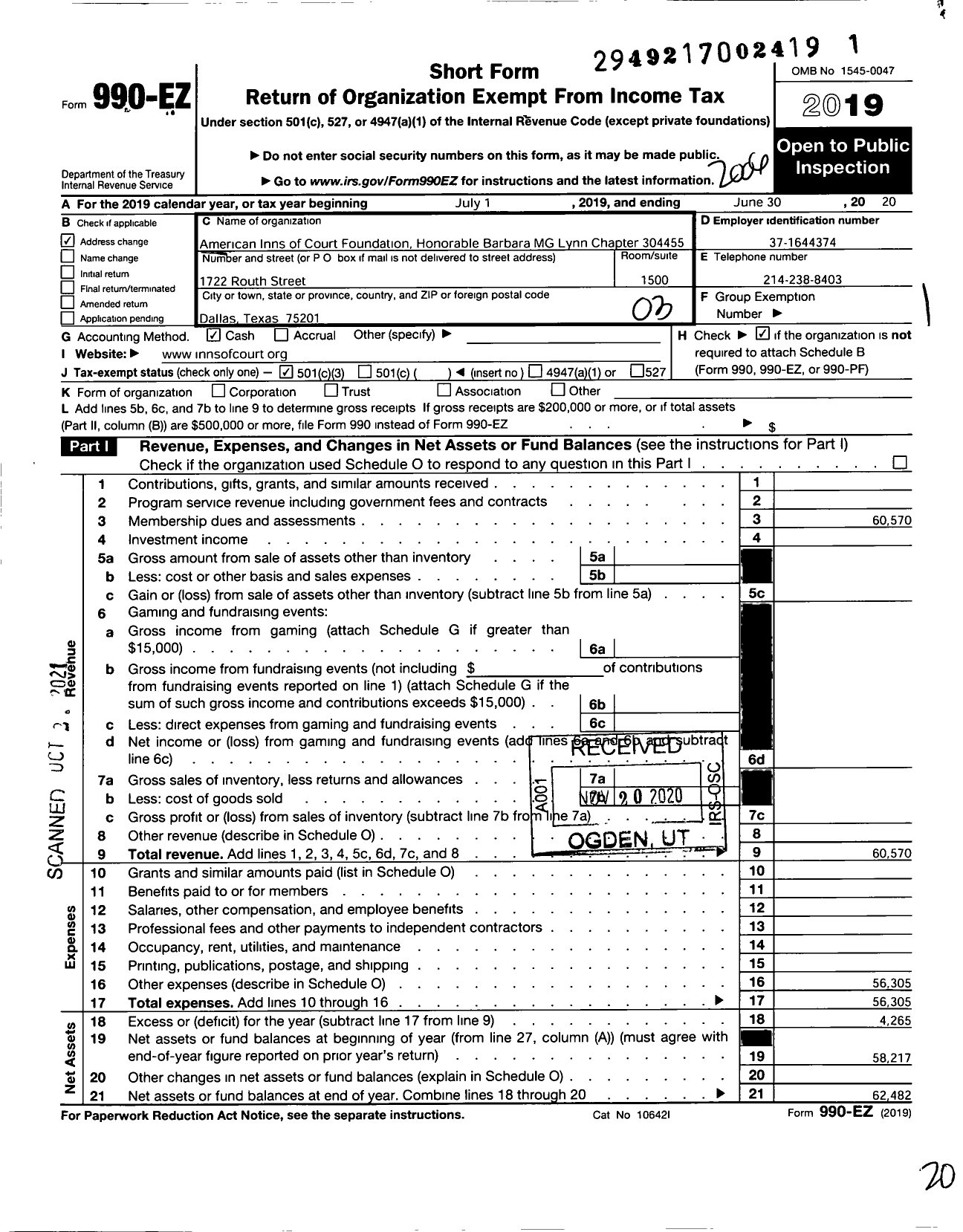 Image of first page of 2019 Form 990EZ for American Inns of Court Foundation - 30445 Honorable Barbara M G Lynn CH