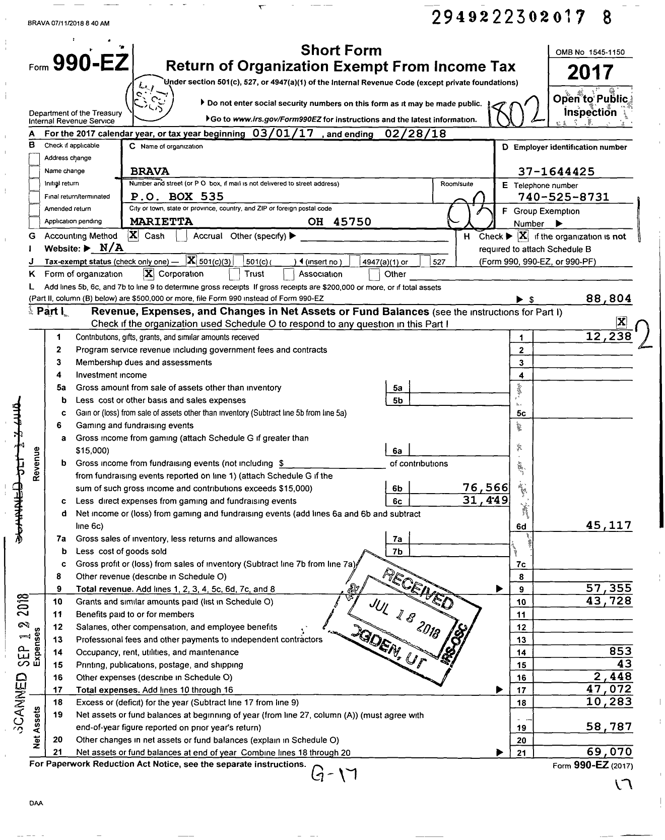 Image of first page of 2017 Form 990EZ for Brava