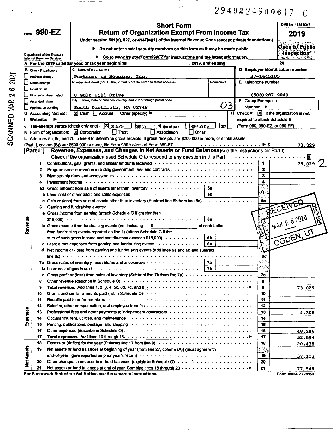 Image of first page of 2019 Form 990EZ for Partners in Housing