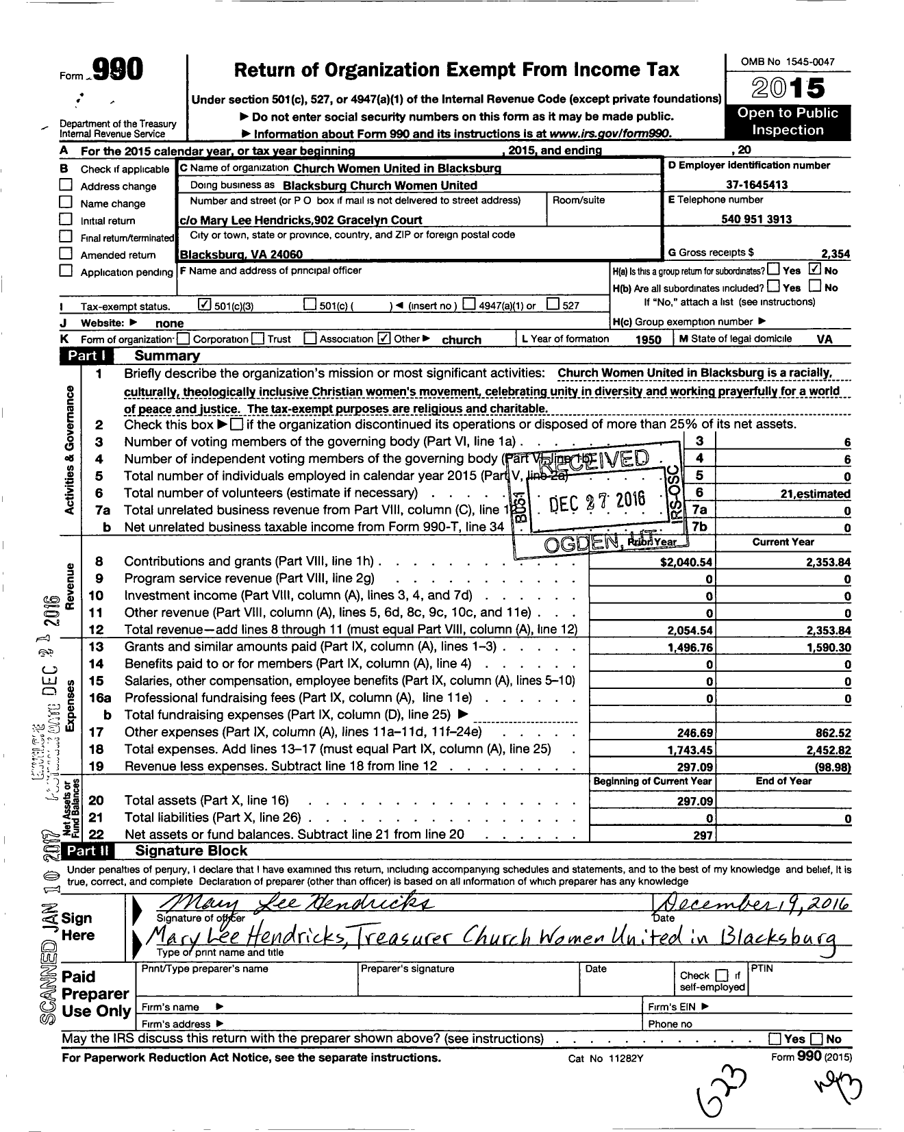 Image of first page of 2015 Form 990 for Church Women United / Blacksburg