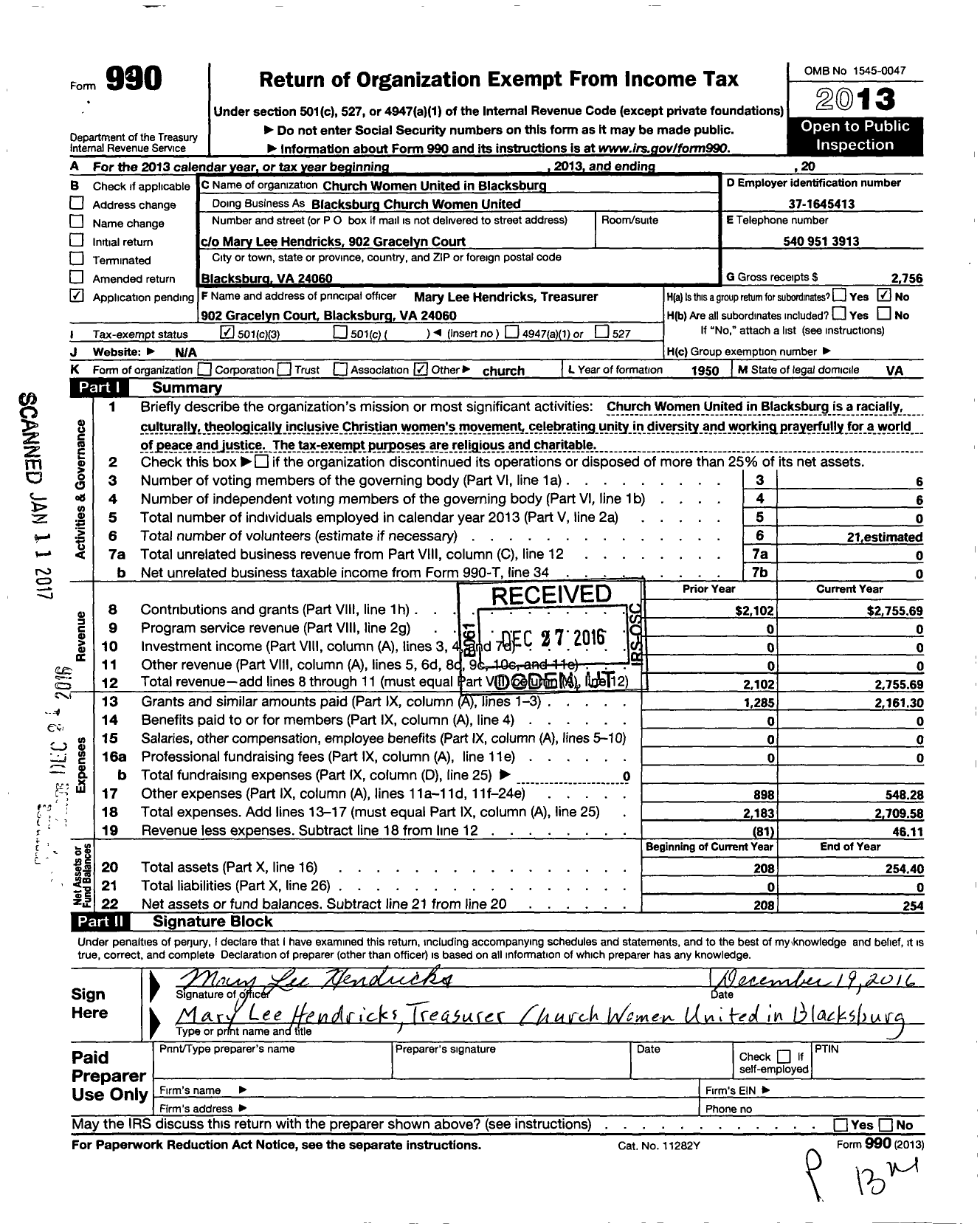 Image of first page of 2013 Form 990 for Church Women United / Blacksburg