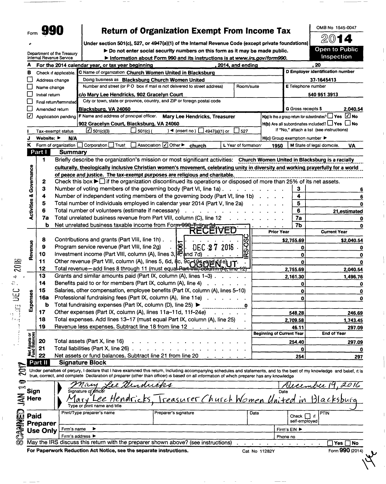 Image of first page of 2014 Form 990 for Church Women United / Blacksburg