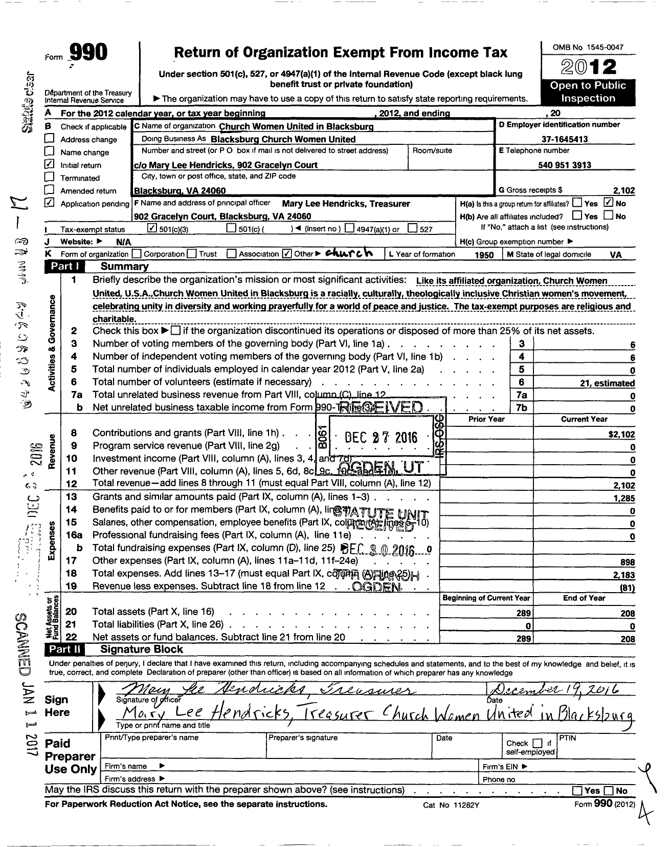 Image of first page of 2012 Form 990 for Church Women United / Blacksburg