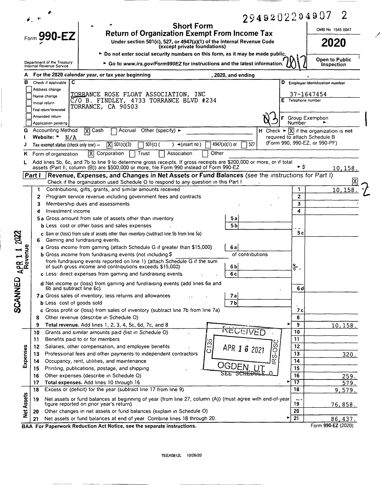 Image of first page of 2020 Form 990EZ for Torrance Rose Float Association