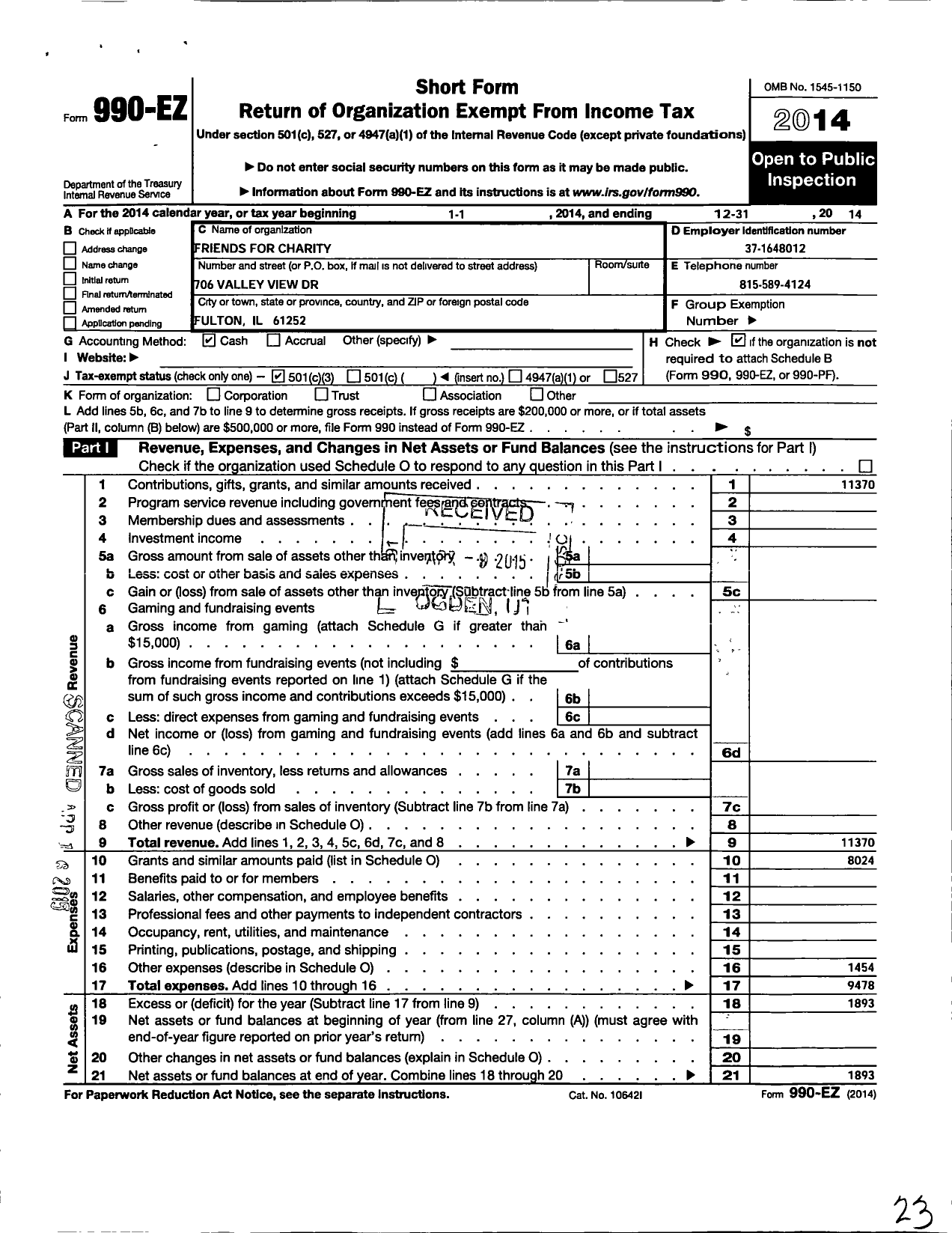 Image of first page of 2014 Form 990EZ for Friends for Charity