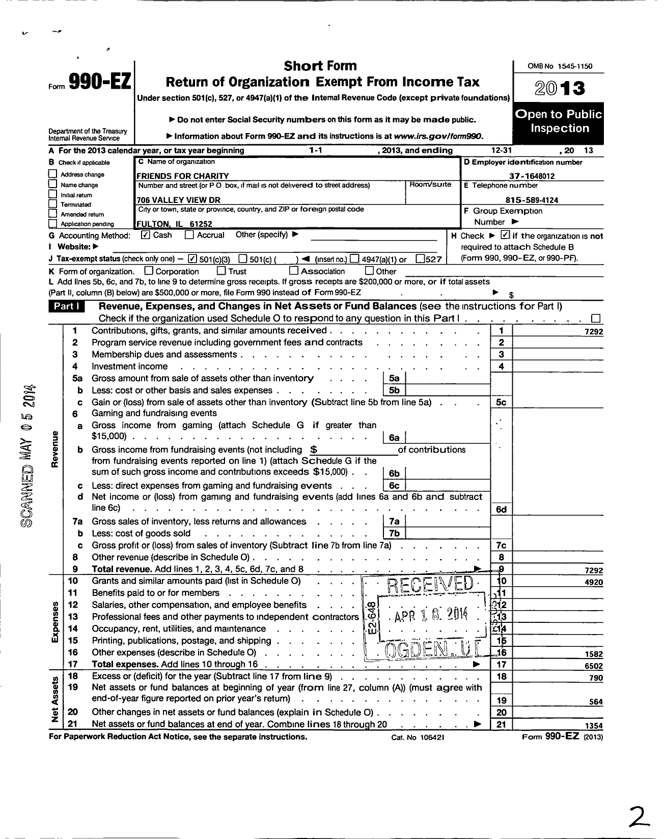 Image of first page of 2013 Form 990EZ for Friends for Charity