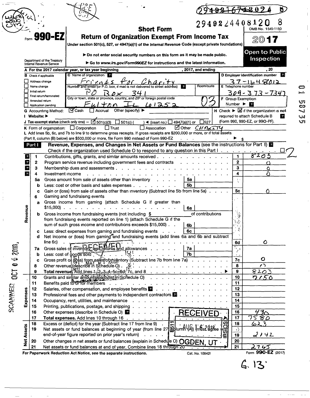 Image of first page of 2017 Form 990EZ for Friends for Charity