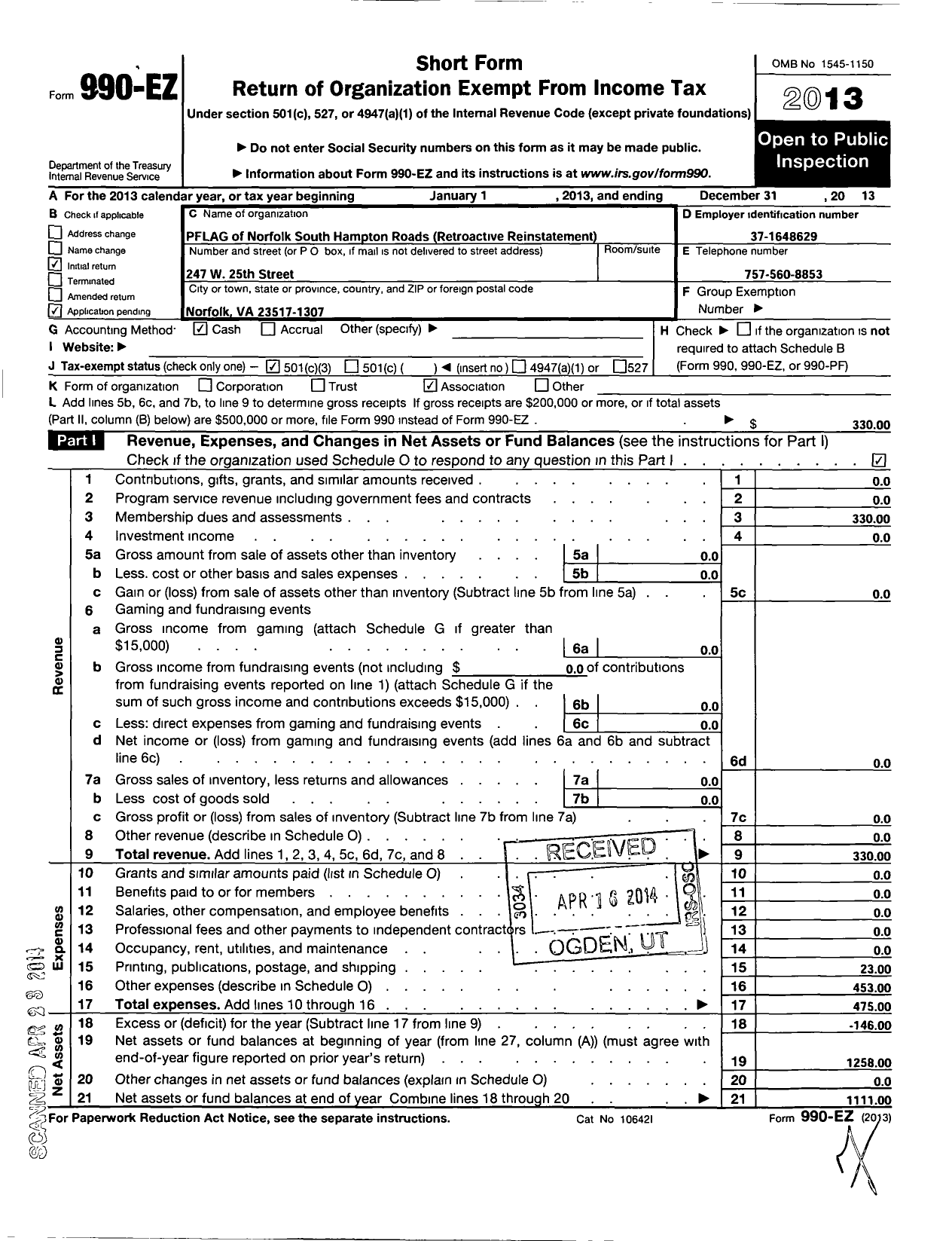 Image of first page of 2013 Form 990EZ for Pflag of Norfolk South Hampton Roads