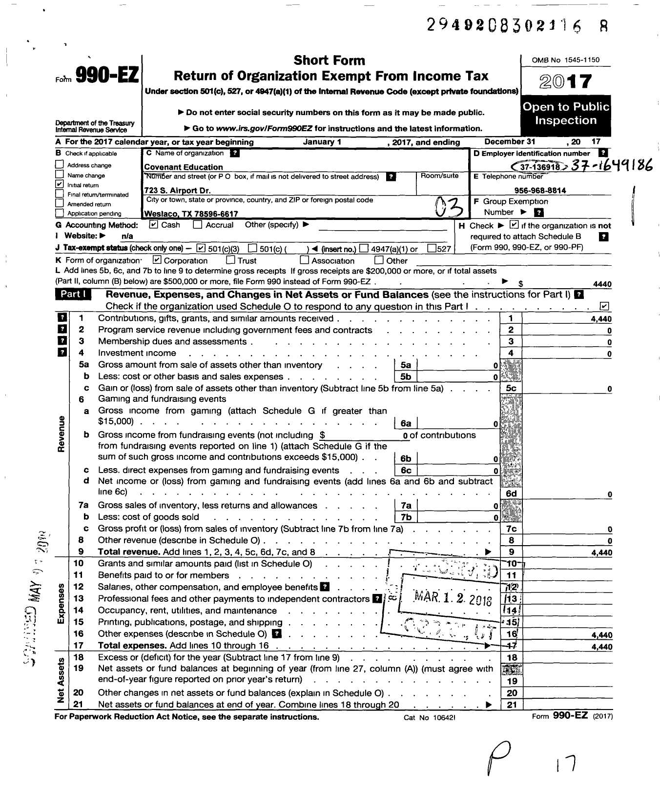 Image of first page of 2017 Form 990EZ for Covenant Education