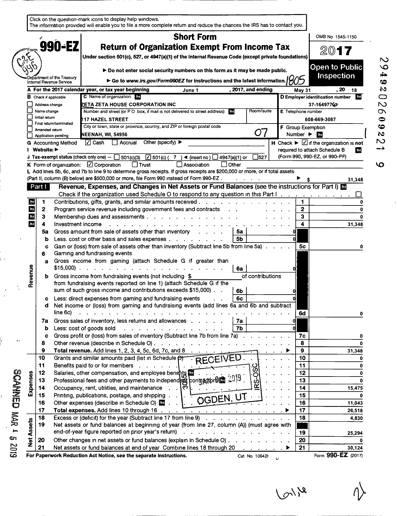 Image of first page of 2017 Form 990EO for Zeta Zeta House Corporation