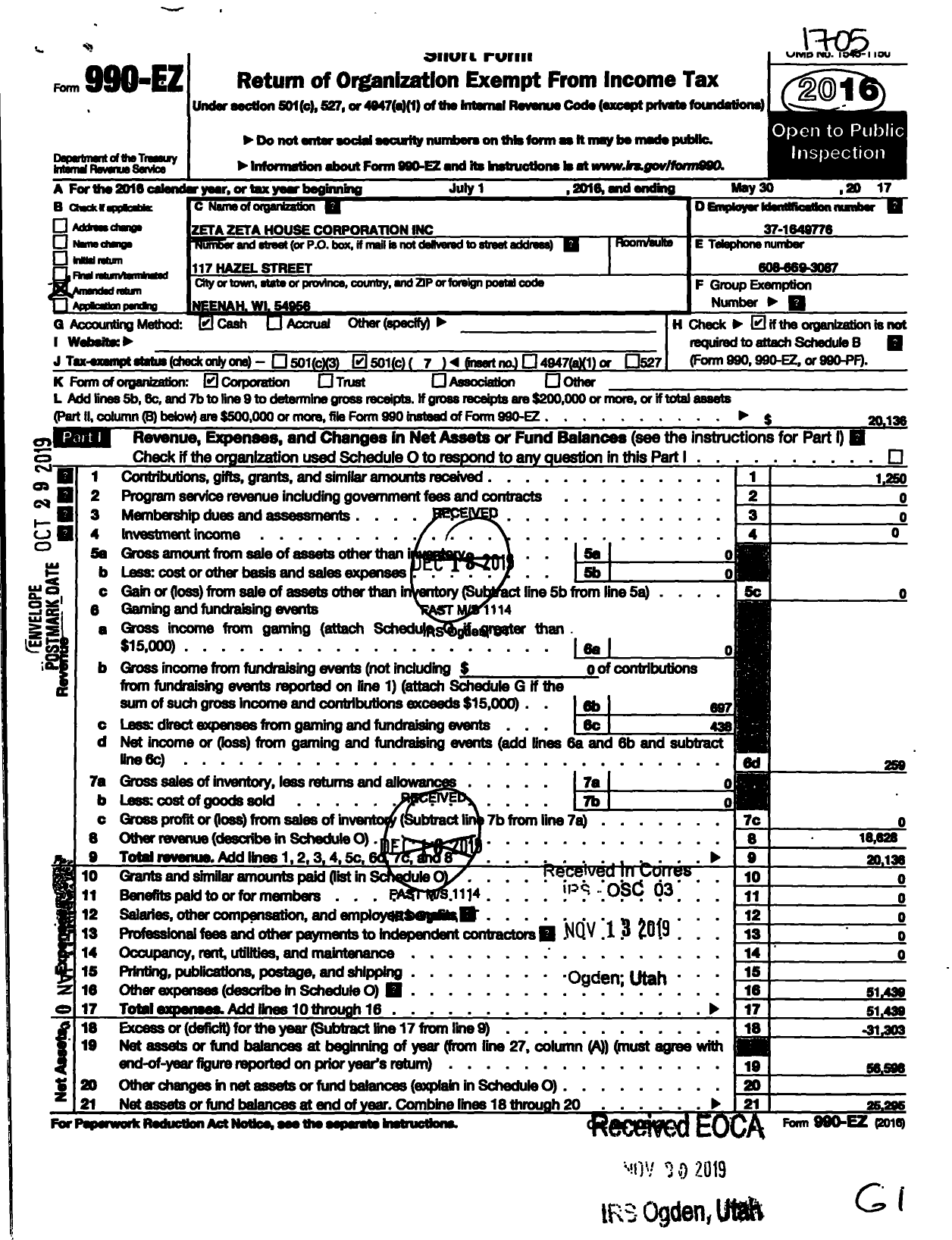 Image of first page of 2016 Form 990EO for Zeta Zeta House Corporation