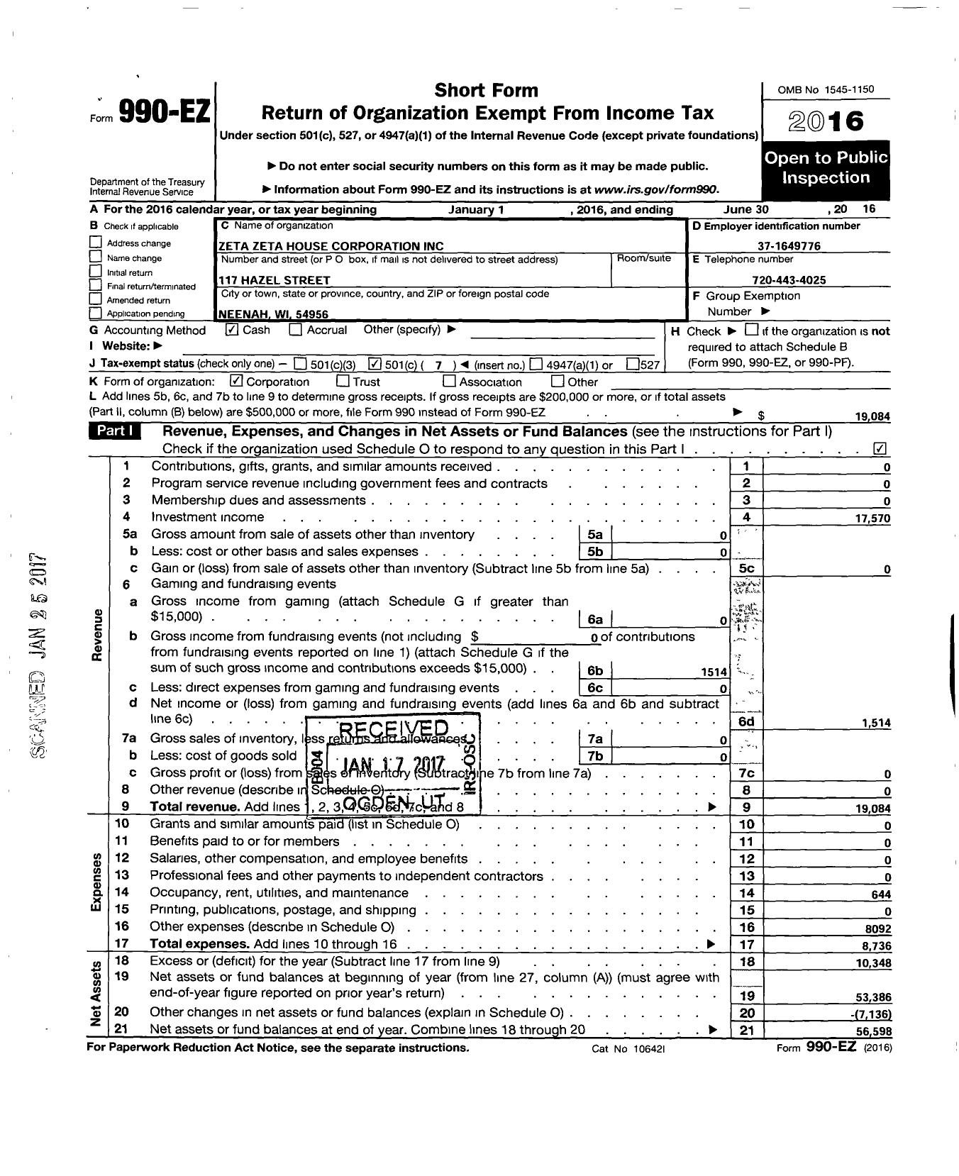 Image of first page of 2015 Form 990EO for Zeta Zeta House Corporation