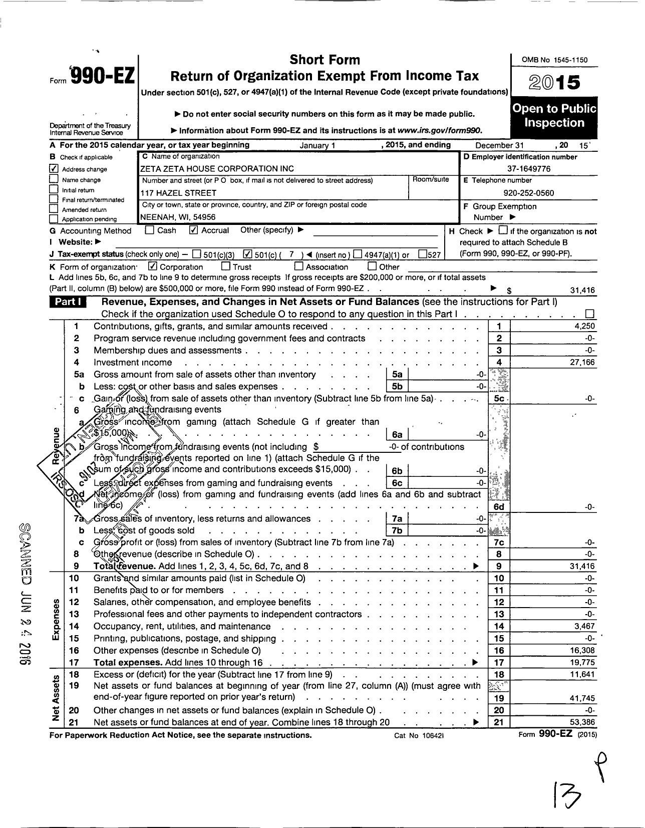 Image of first page of 2015 Form 990EO for Zeta Zeta House Corporation