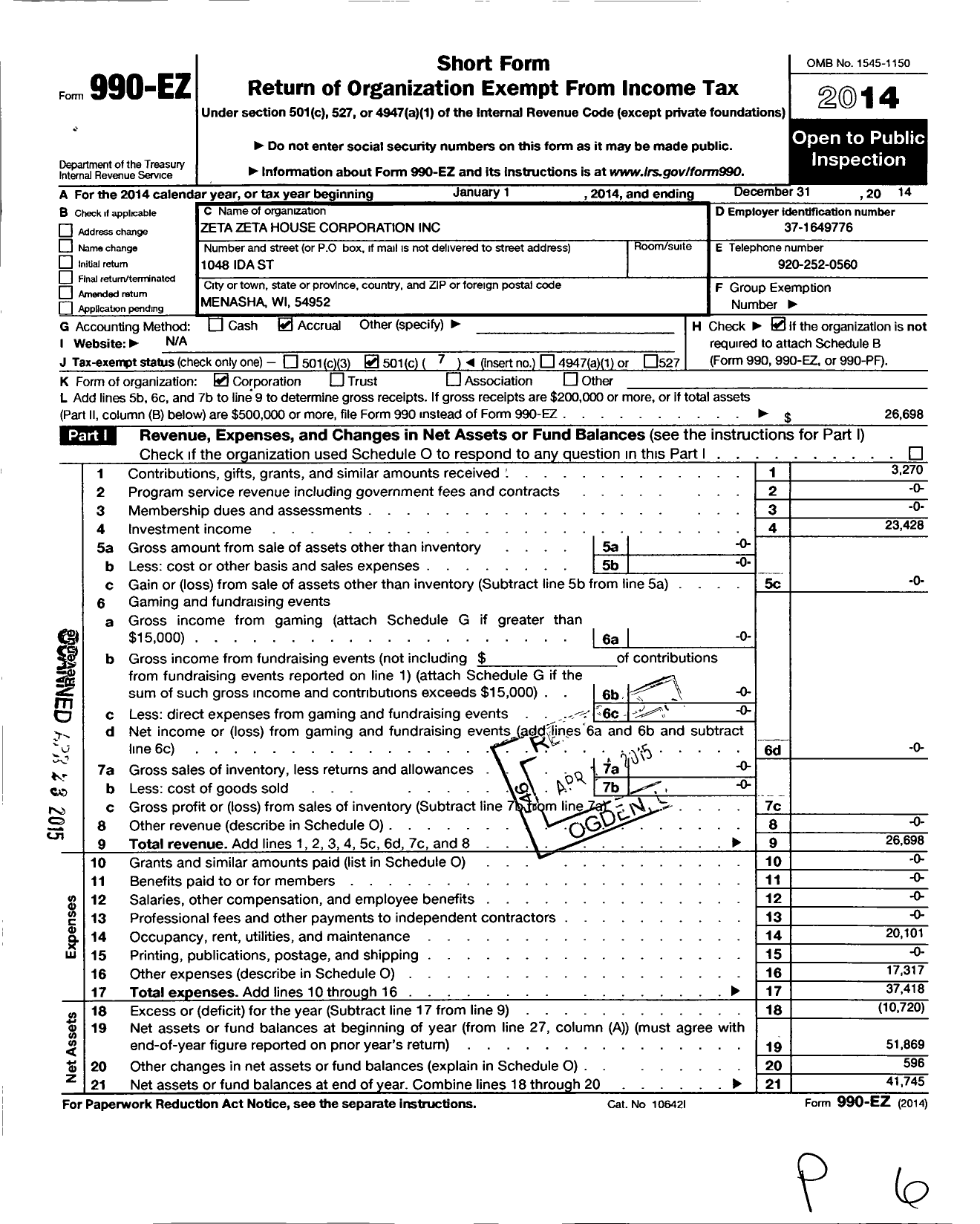 Image of first page of 2014 Form 990EO for Zeta Zeta House Corporation