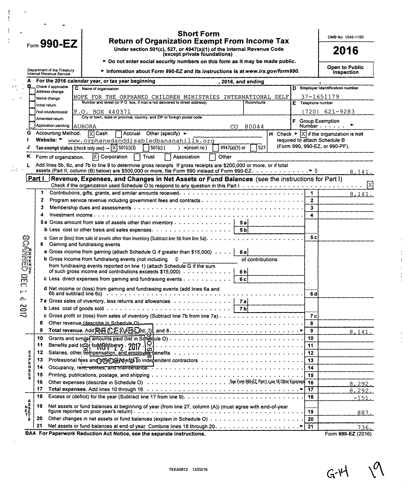 Image of first page of 2016 Form 990EZ for Hope for the Orphaned Children Ministries International Self