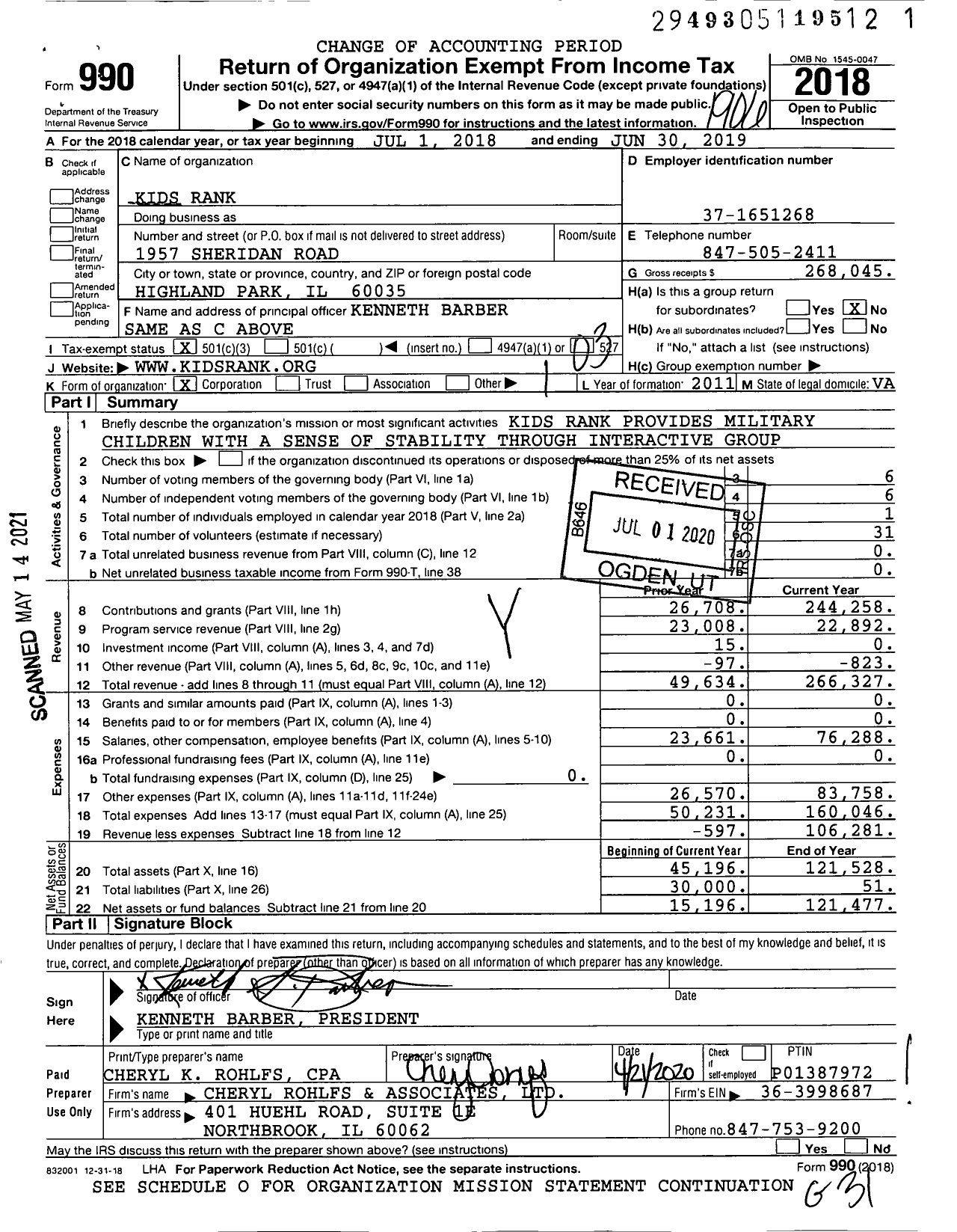 Image of first page of 2018 Form 990 for Kids Rank