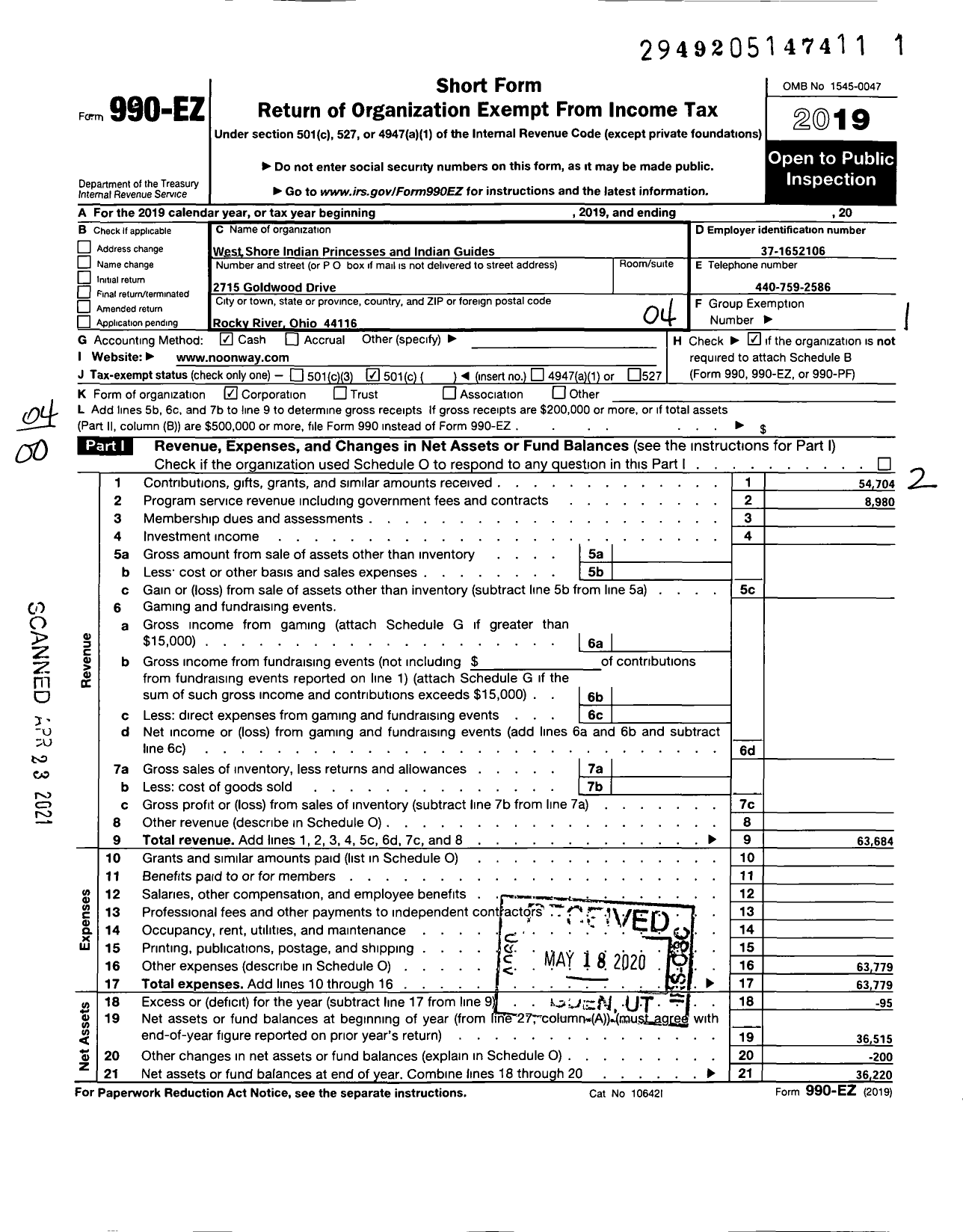 Image of first page of 2019 Form 990EO for West Shore Indian Princesses and Indian Guides