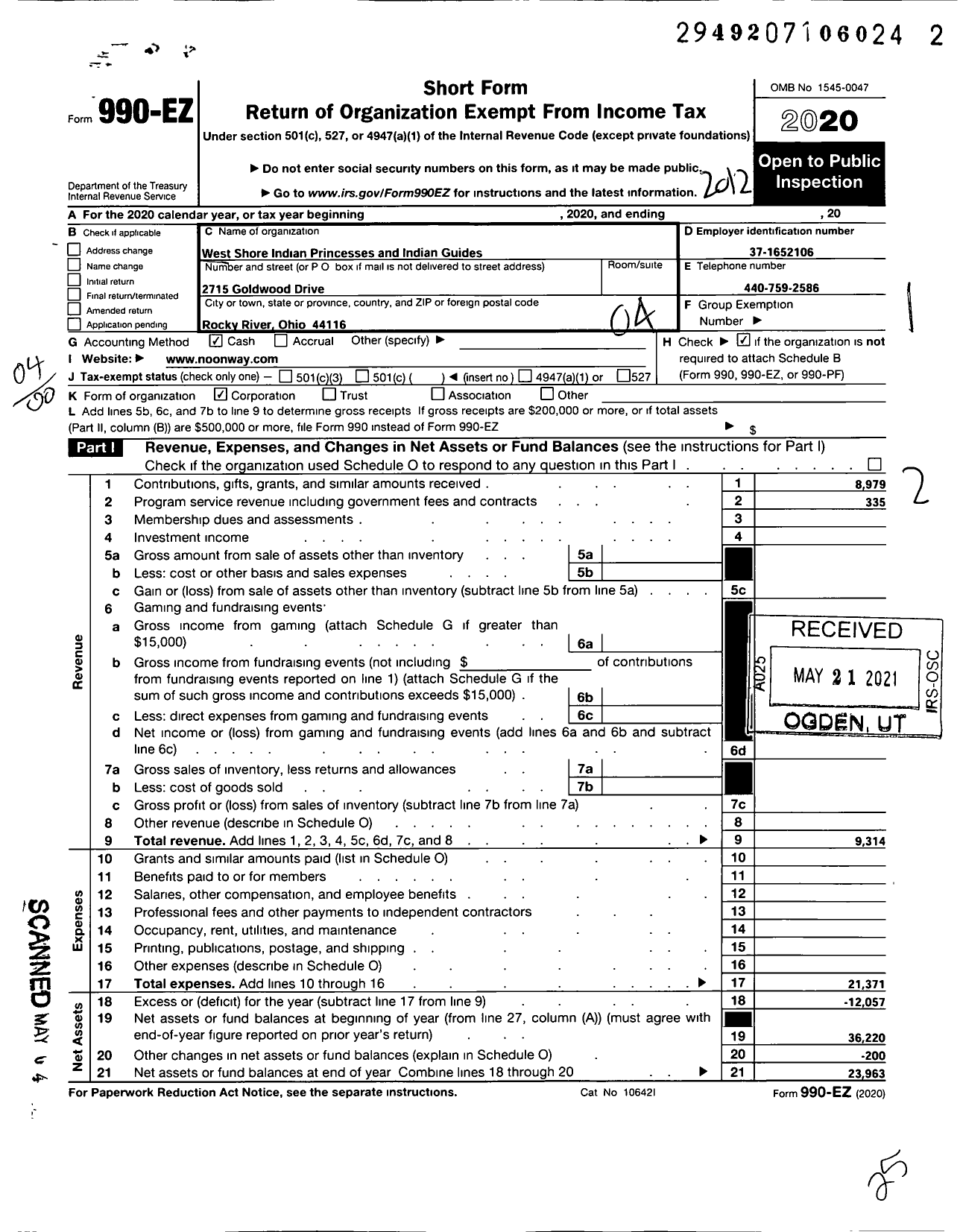 Image of first page of 2020 Form 990EO for West Shore Indian Princesses and Indian Guides