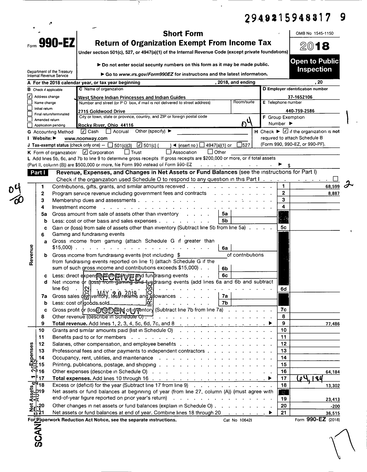 Image of first page of 2018 Form 990EO for West Shore Indian Princesses and Indian Guides