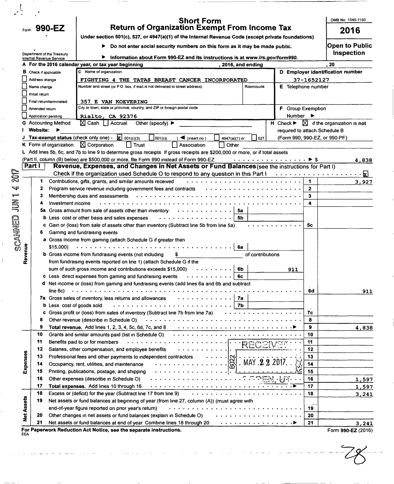 Image of first page of 2016 Form 990EZ for Fighting 4 the Tatas Breast Cancer