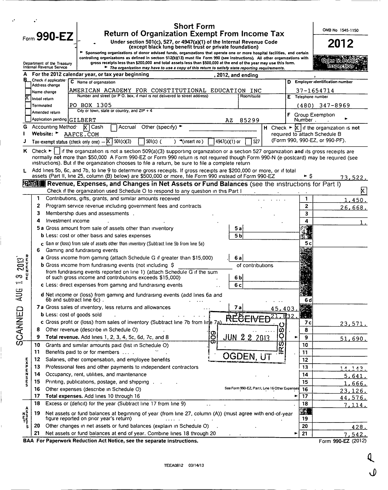 Image of first page of 2012 Form 990EZ for American Academy for Constitutional Education