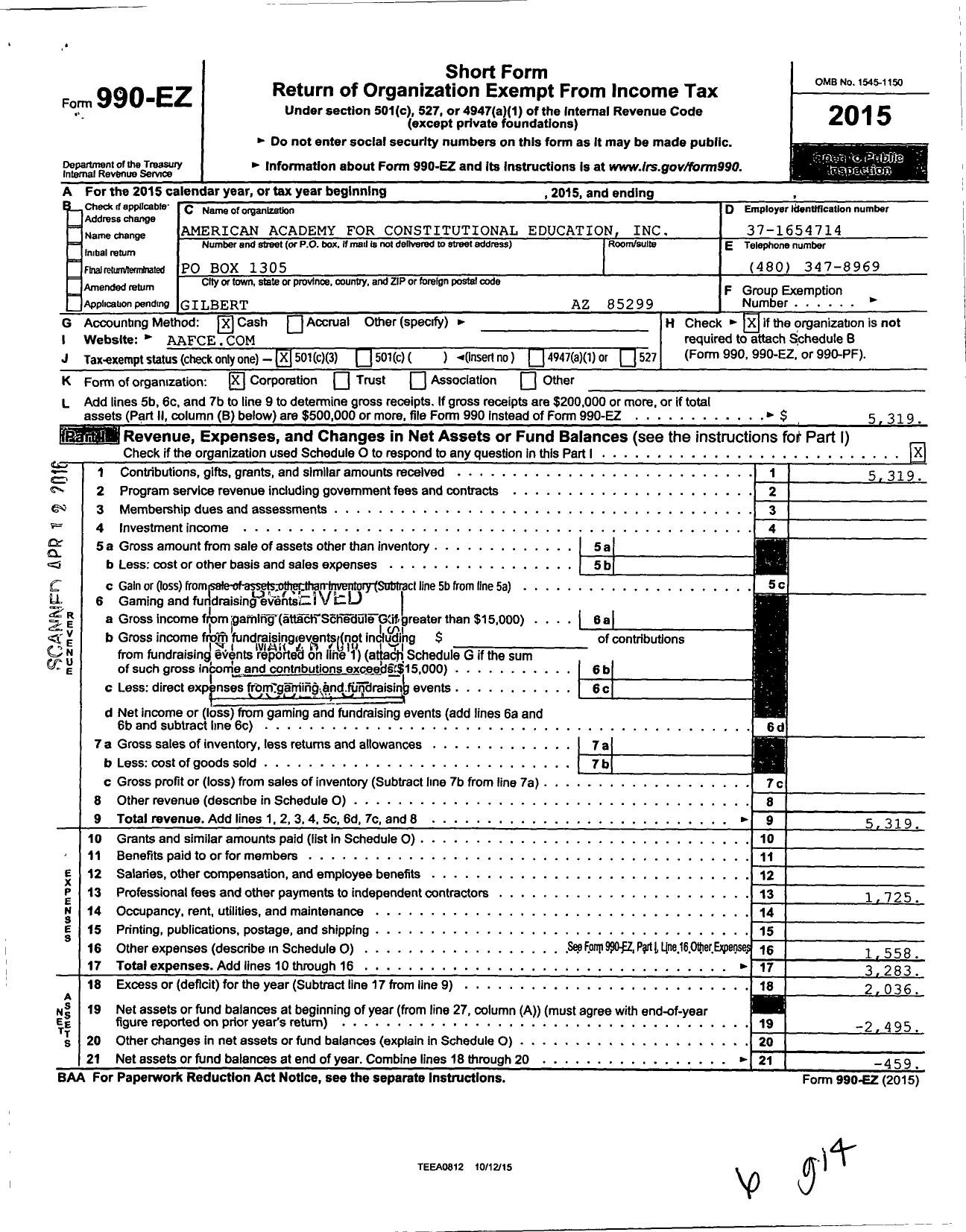 Image of first page of 2015 Form 990EZ for American Academy for Constitutional Education