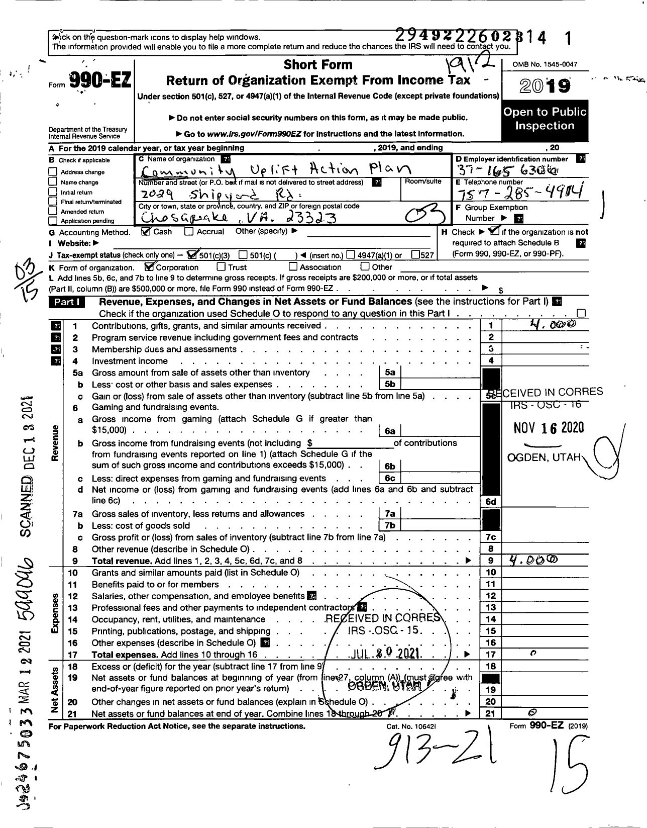 Image of first page of 2019 Form 990EZ for Community Uplift Action Plan