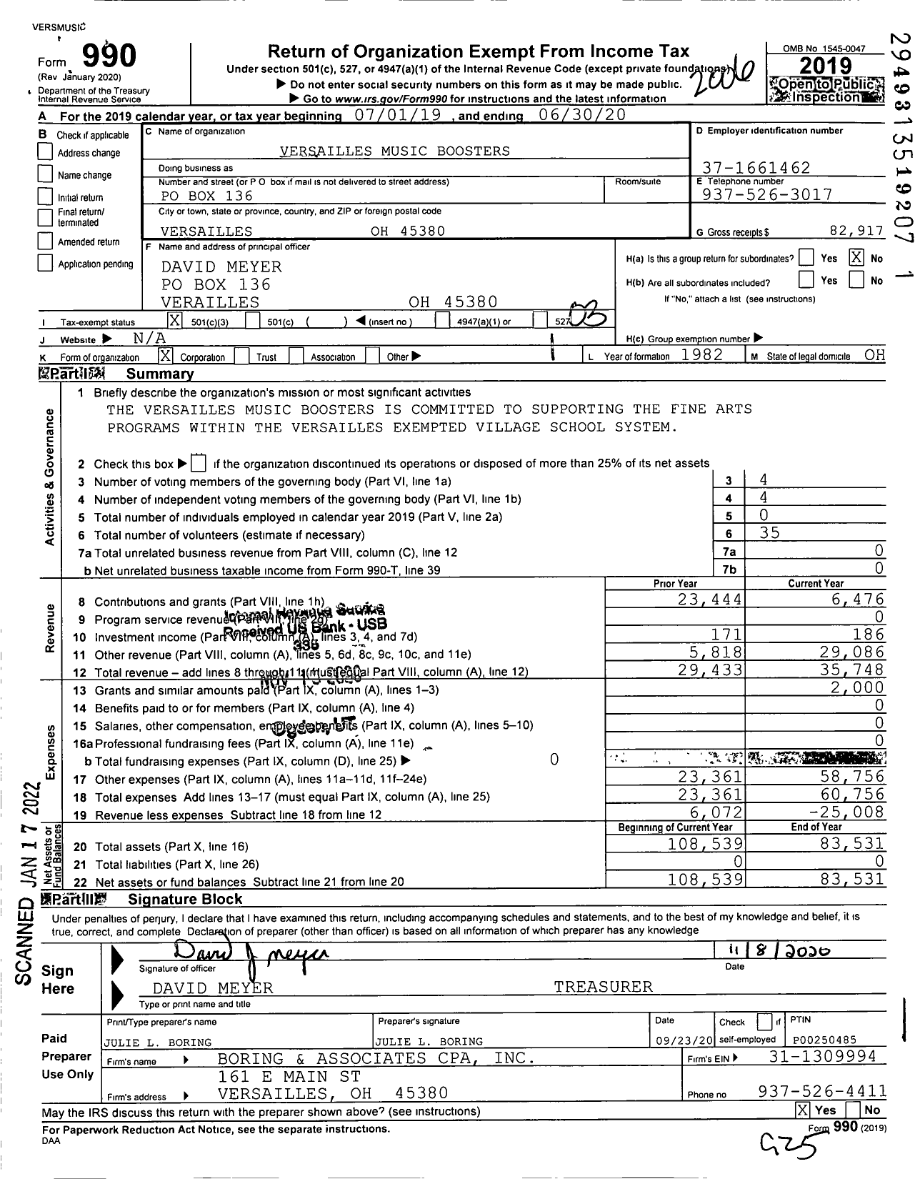 Image of first page of 2019 Form 990 for Versailles Music Boosters