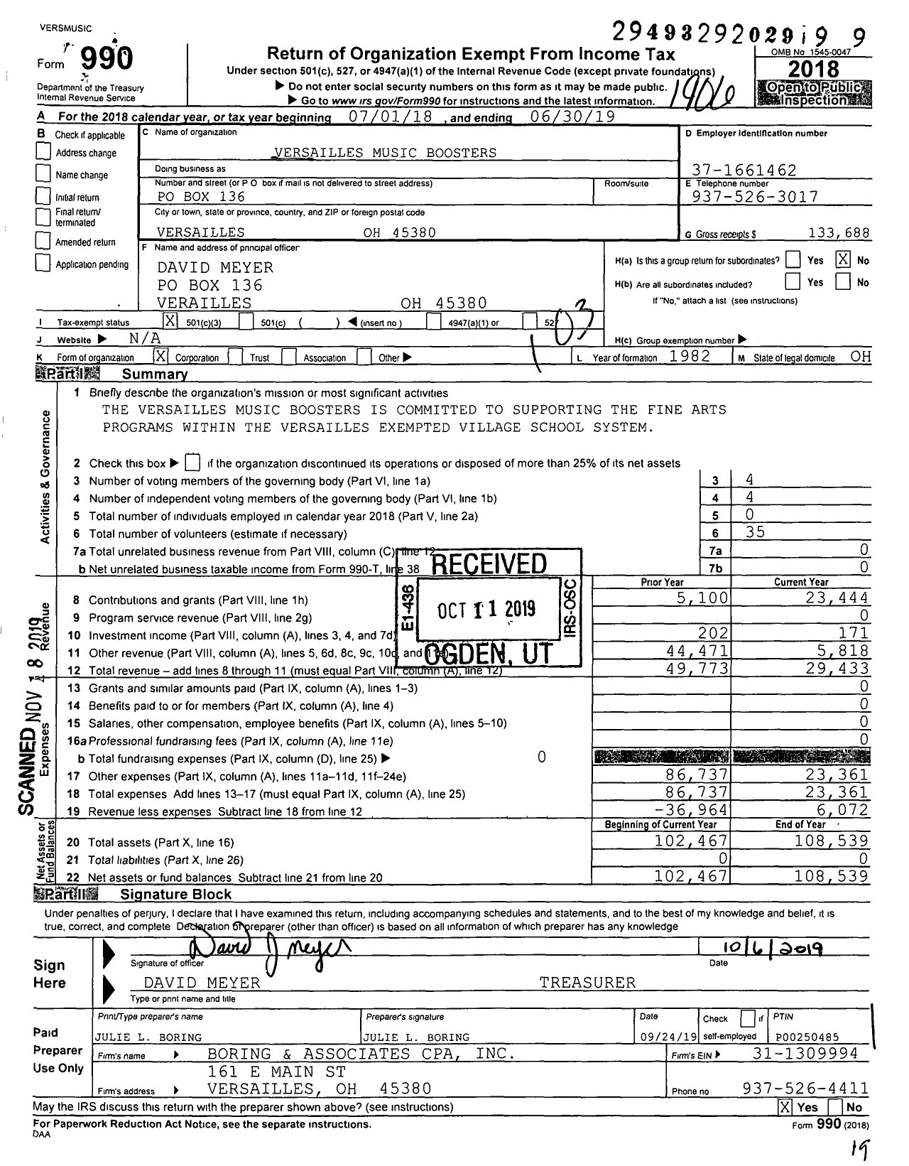 Image of first page of 2018 Form 990 for Versailles Music Boosters