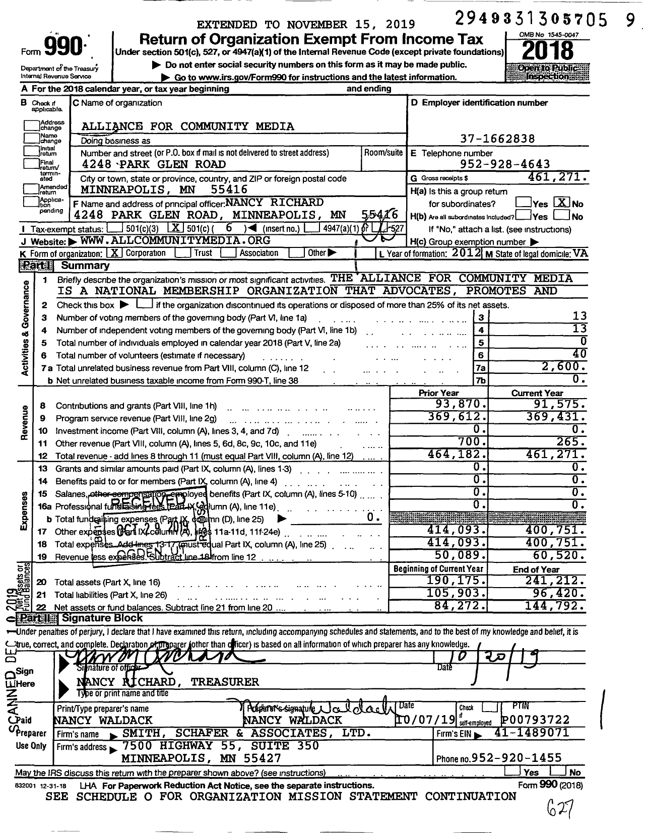 Image of first page of 2018 Form 990O for Alliance for Community Media (ACM)