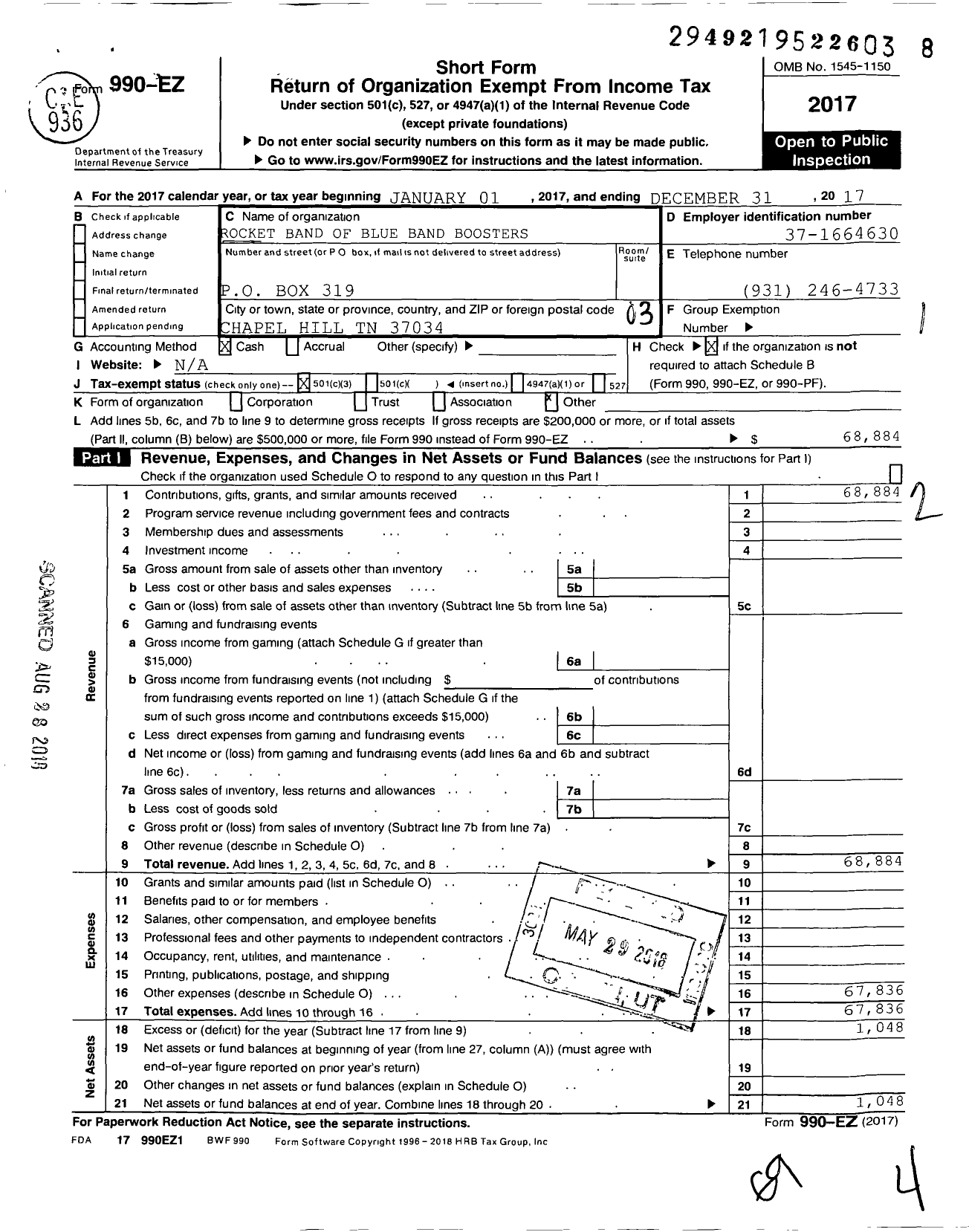 Image of first page of 2017 Form 990EZ for Rocket Band of Blue