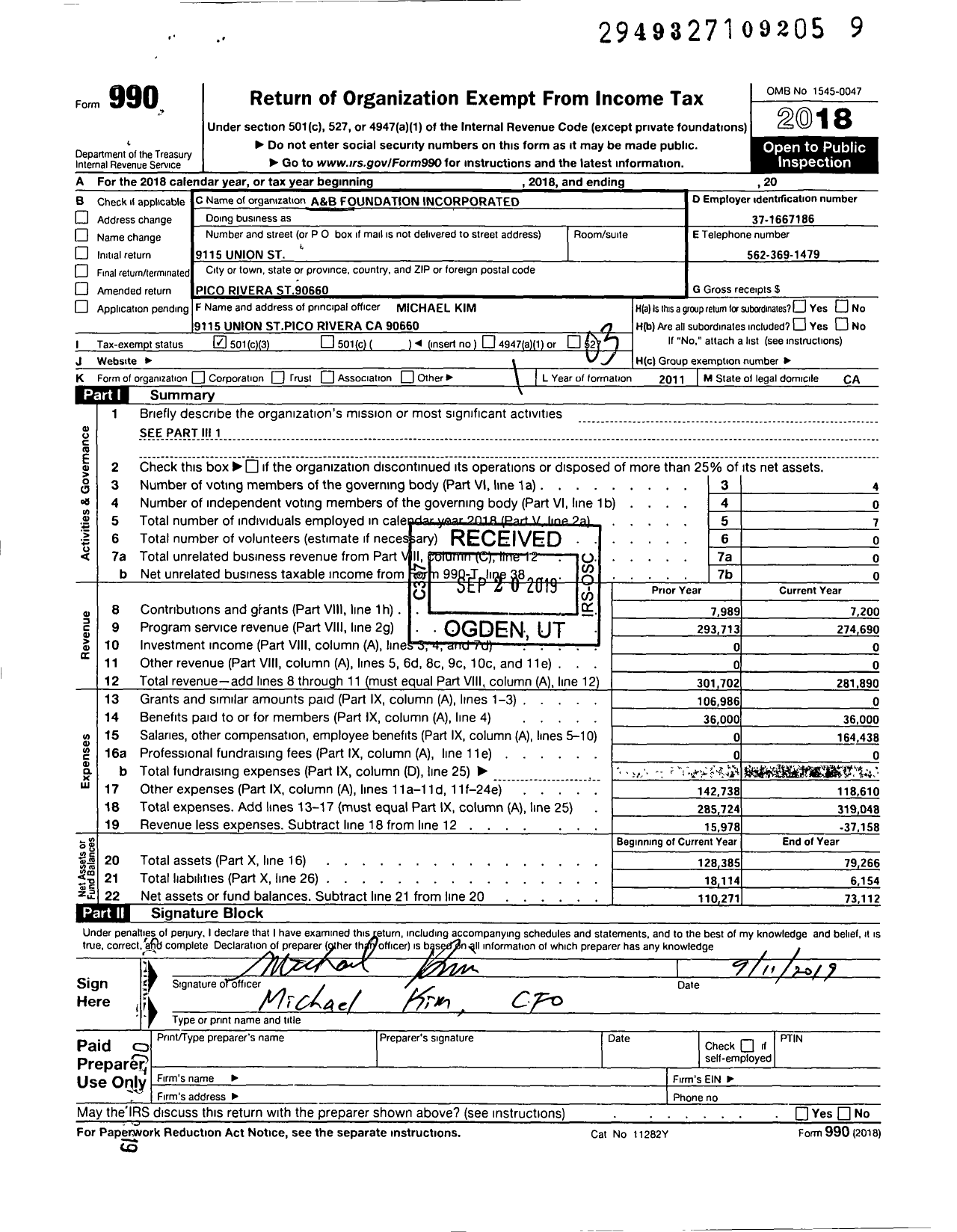 Image of first page of 2018 Form 990 for A and B Foundation Incorporated