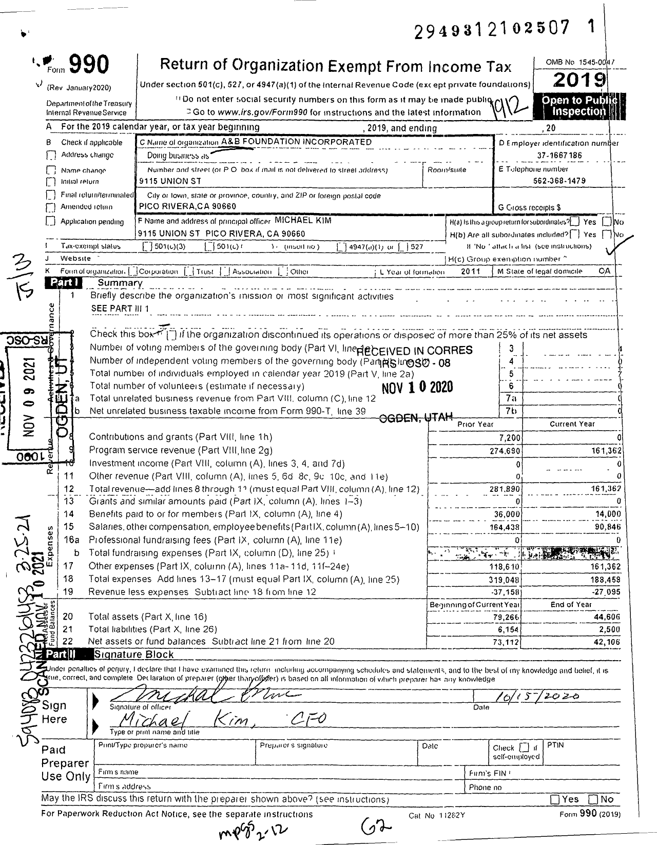 Image of first page of 2019 Form 990 for A and B Foundation Incorporated