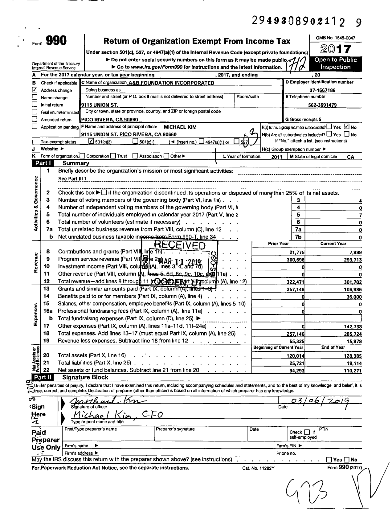 Image of first page of 2017 Form 990 for A and B Foundation Incorporated