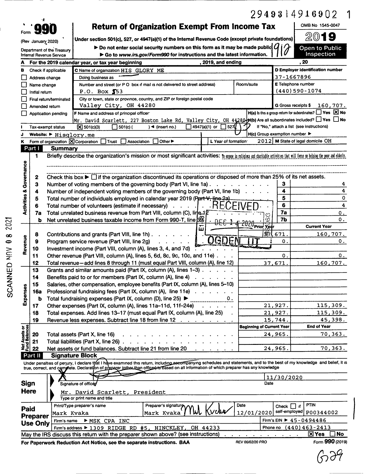 Image of first page of 2019 Form 990 for His Glory Me