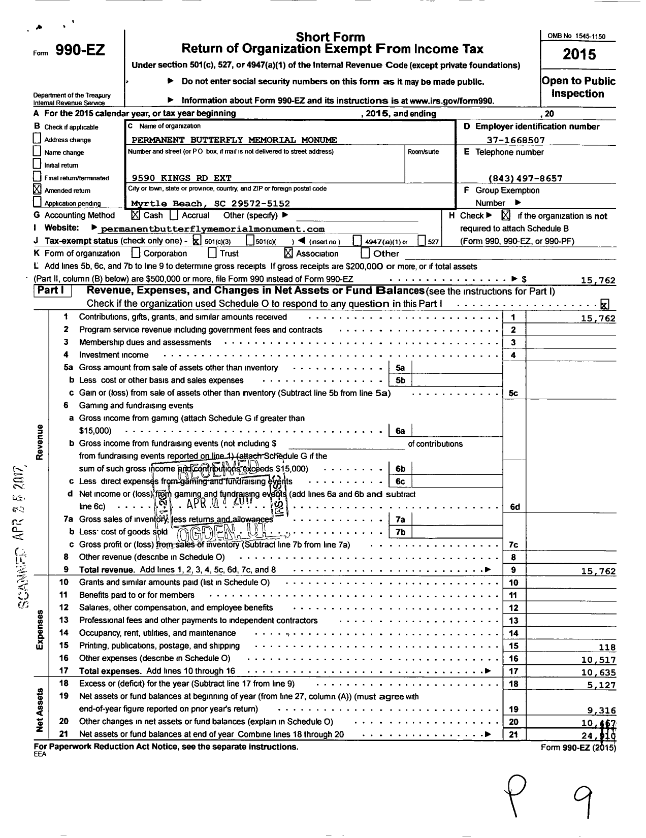 Image of first page of 2015 Form 990EZ for Permanent Butterfly Memorial Monument