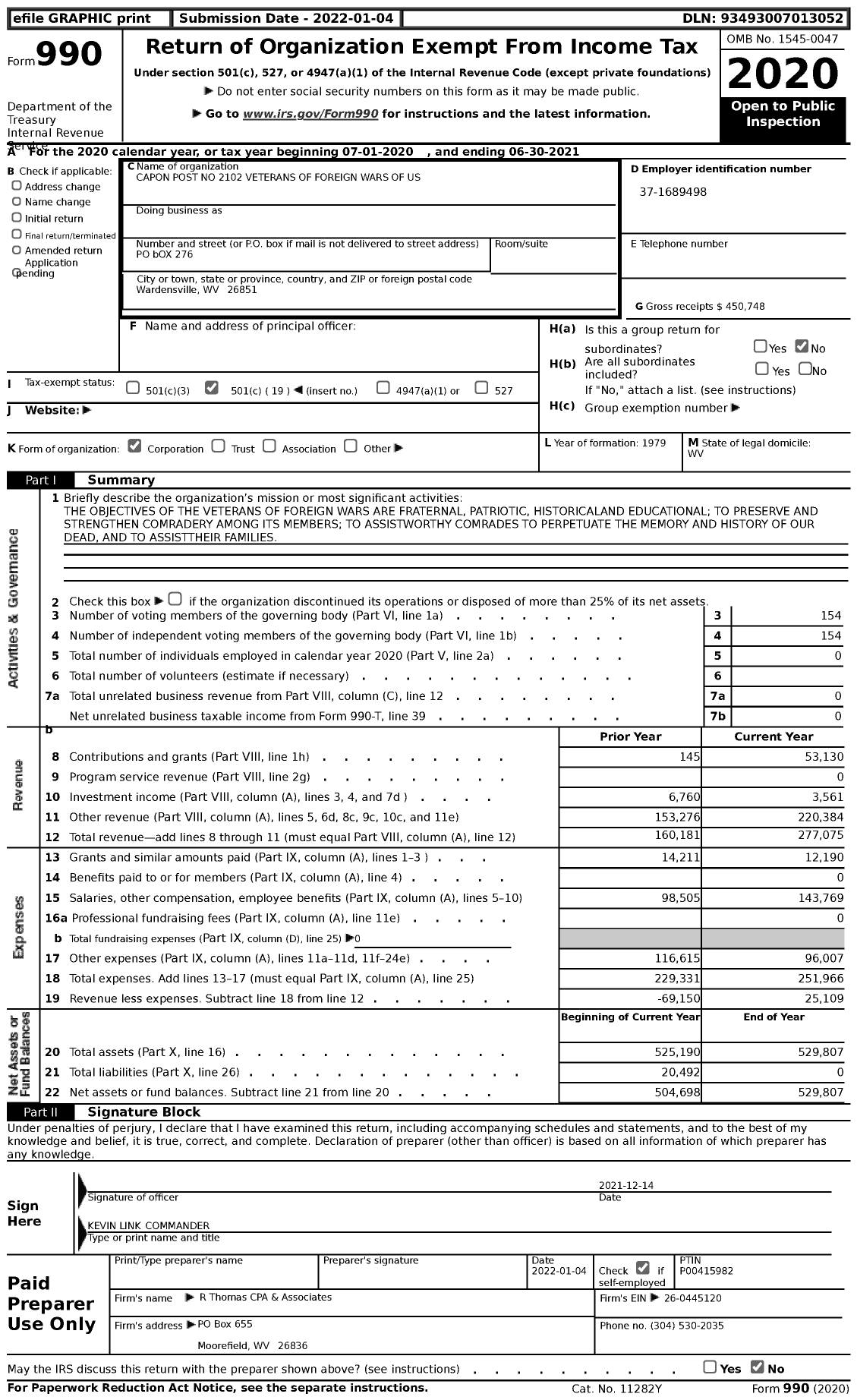 Image of first page of 2020 Form 990 for Capon Post No 2102 Veterans of Foreign Wars of Us