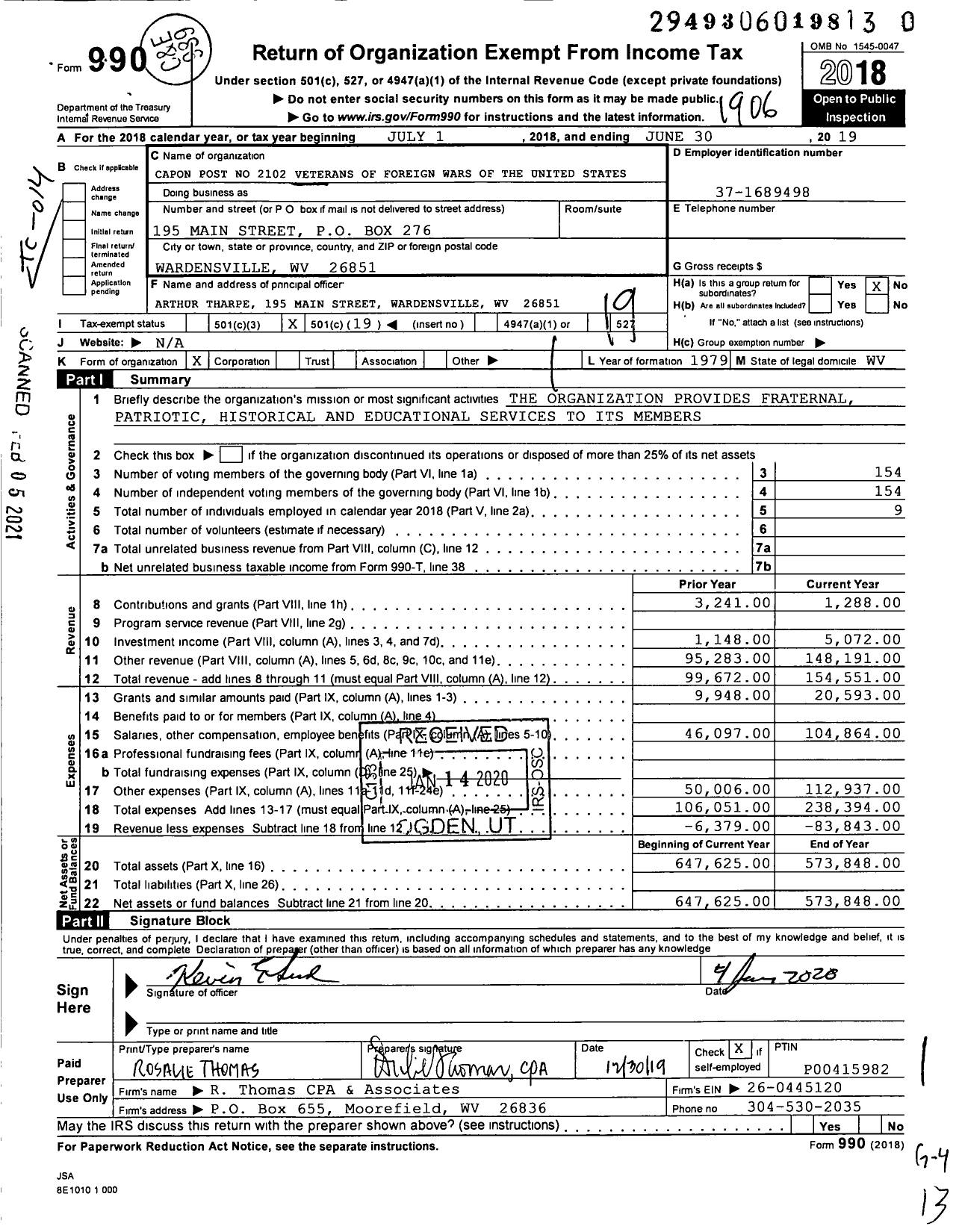 Image of first page of 2018 Form 990O for Capon Post No 2102 Veterans of Foreign Wars of Us