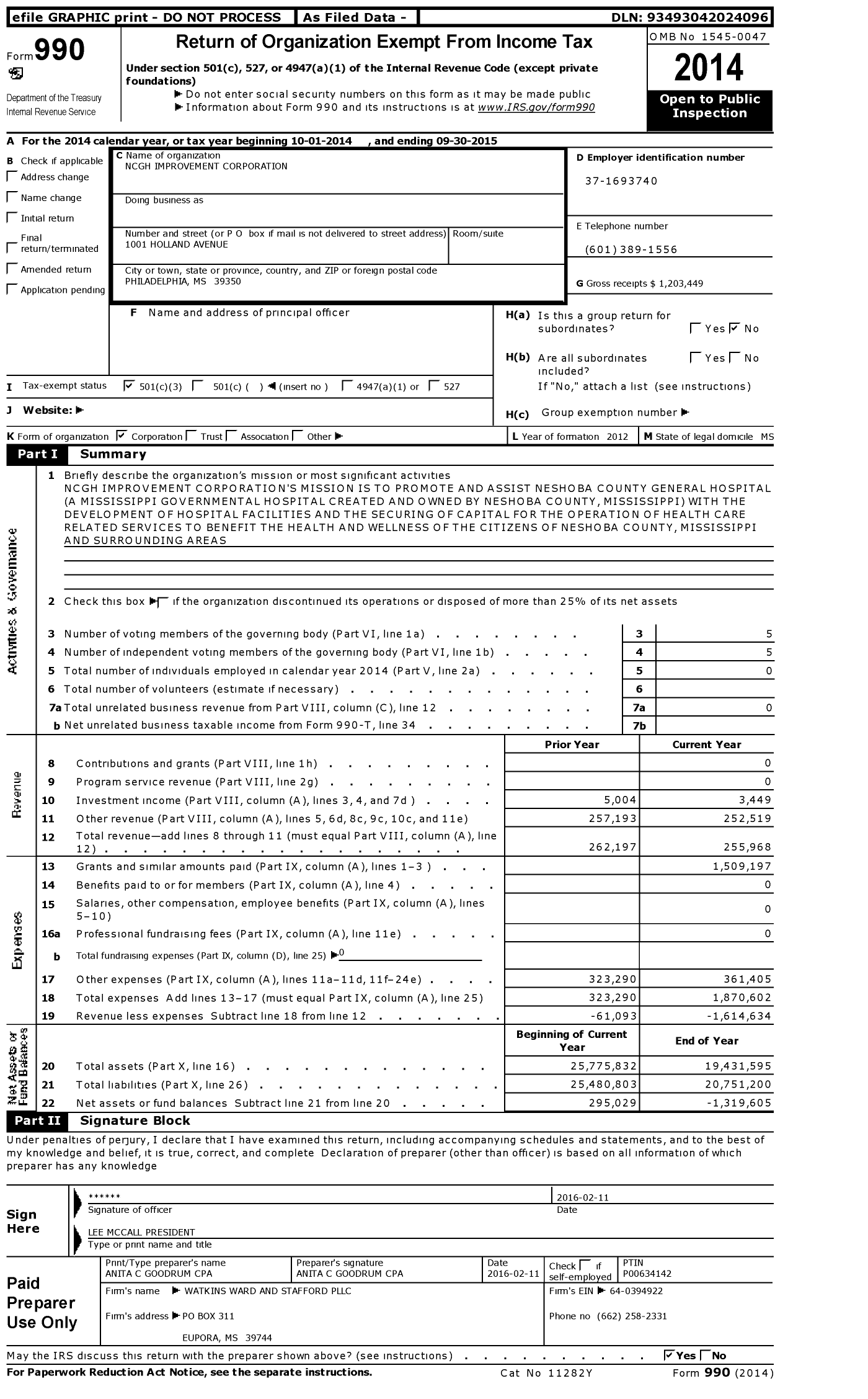 Image of first page of 2014 Form 990 for NCGH Improvement Corporation