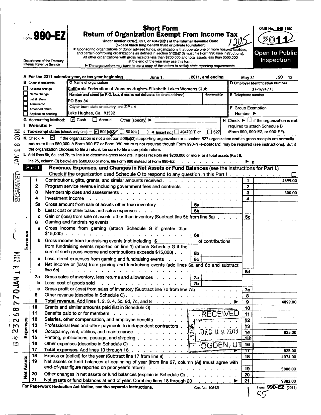 Image of first page of 2011 Form 990EZ for California Federation of Women's Clubs - Hughes-Elizabeth Lakes Womans Club