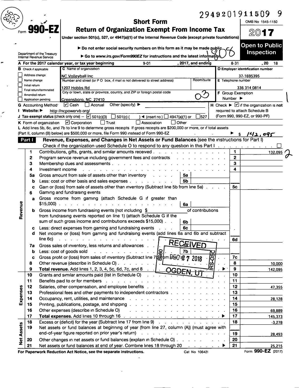 Image of first page of 2017 Form 990EZ for NC Volleyball