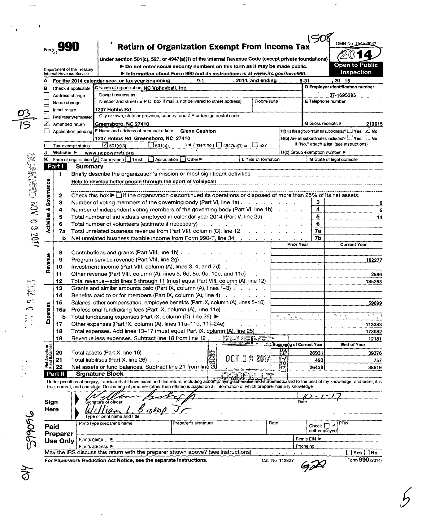 Image of first page of 2014 Form 990 for NC Volleyball