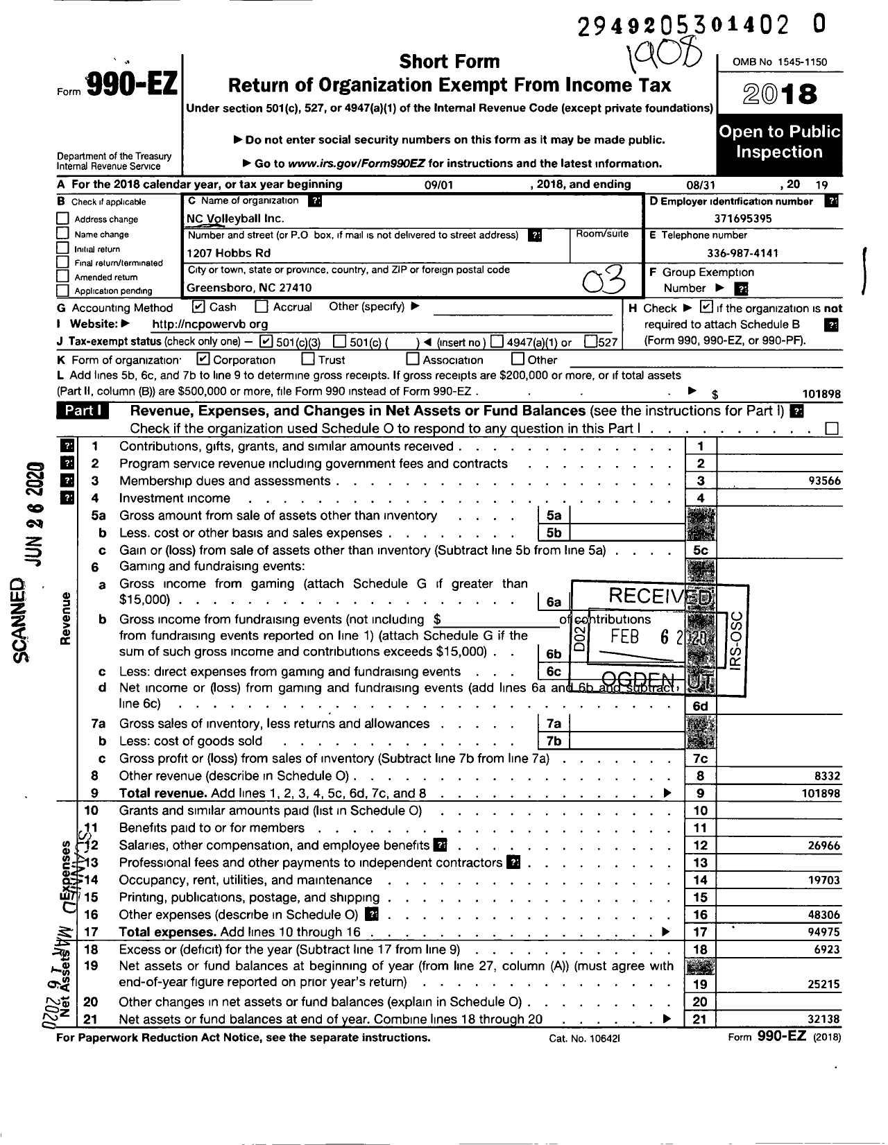 Image of first page of 2018 Form 990EZ for NC Volleyball