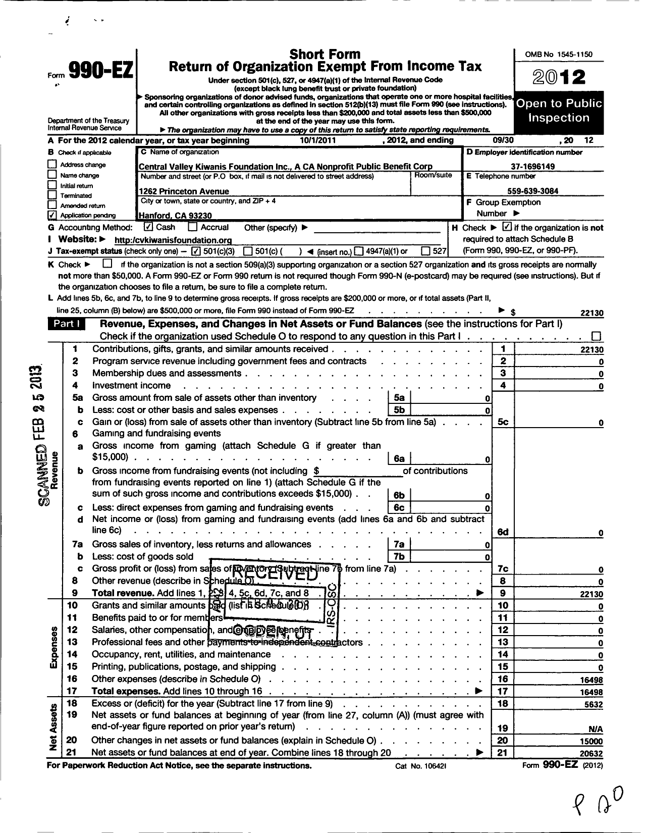 Image of first page of 2011 Form 990EZ for Central Valley Kings Foundation A California Nonprofit Public Bene