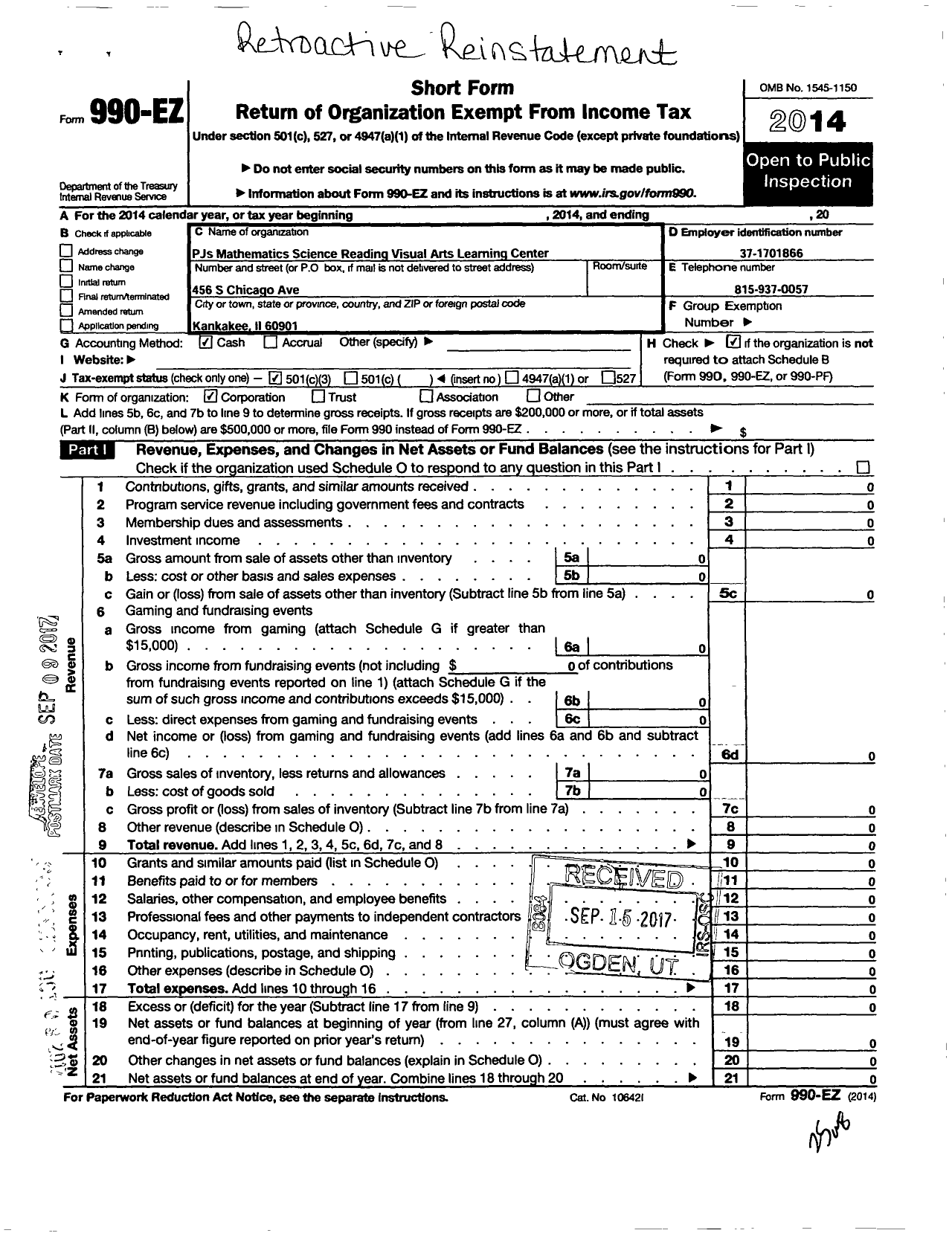 Image of first page of 2014 Form 990EZ for PJS Mathematics Science Reading and Visual Arts Learning Center