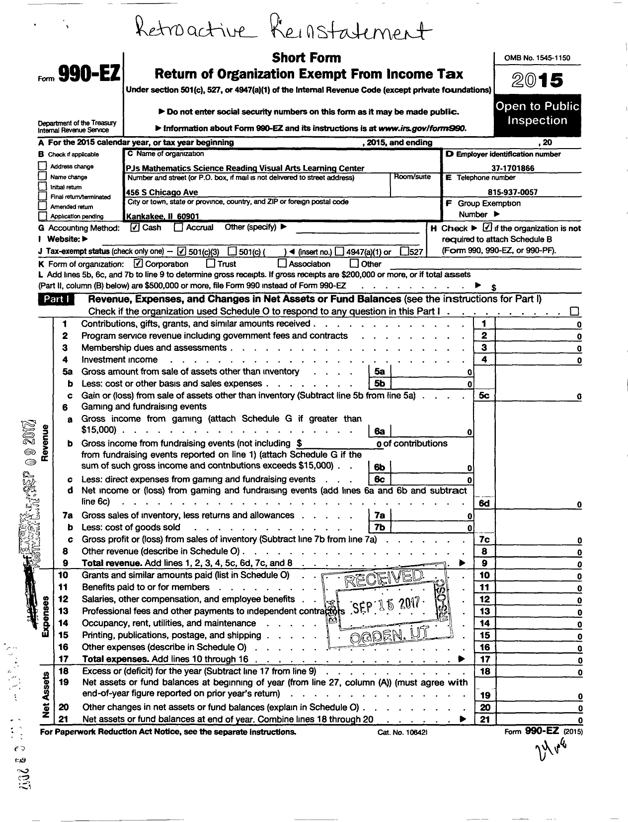 Image of first page of 2015 Form 990EZ for PJS Mathematics Science Reading and Visual Arts Learning Center