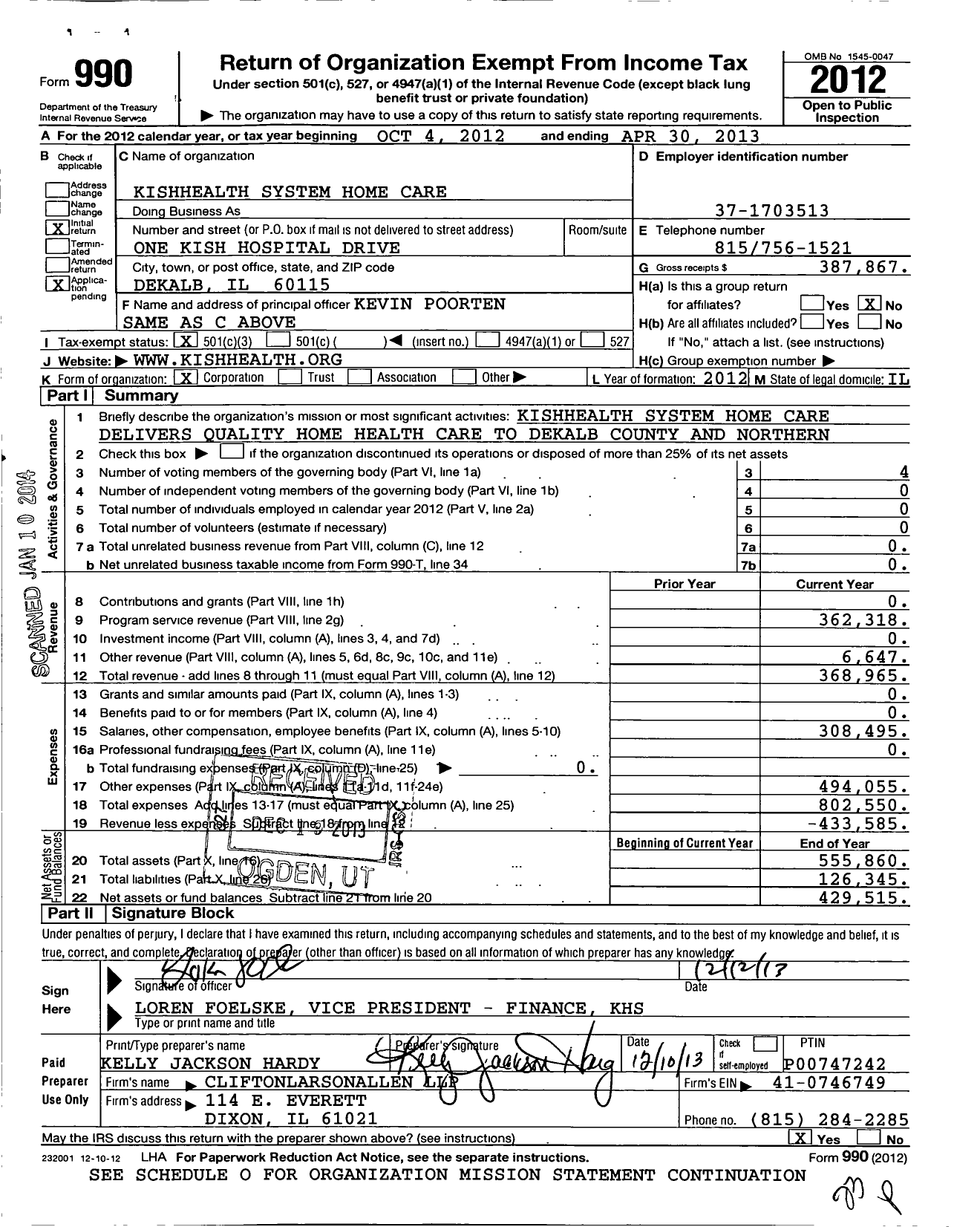 Image of first page of 2012 Form 990 for Kishhealth System Home Care