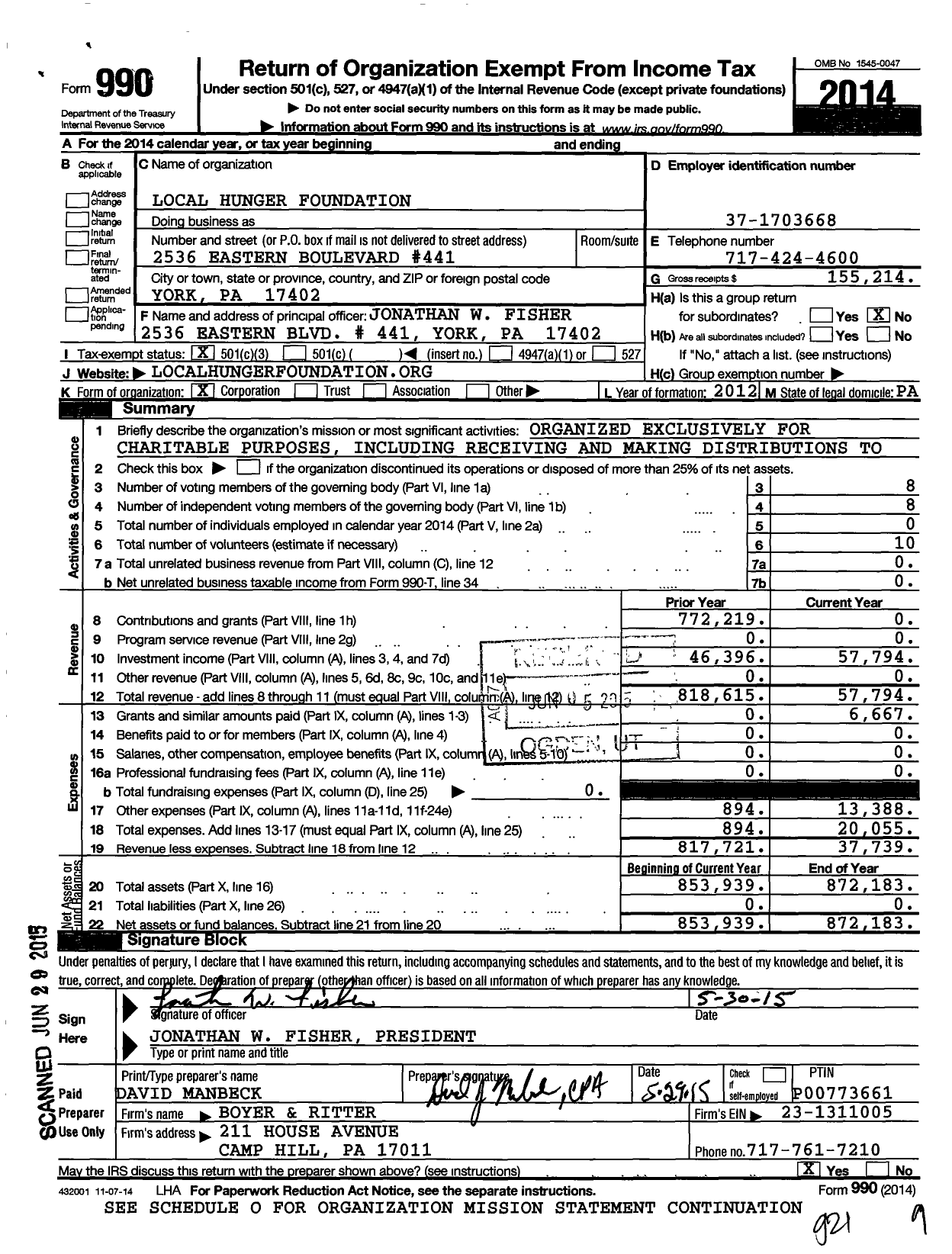 Image of first page of 2014 Form 990 for Local Hunger Foundation