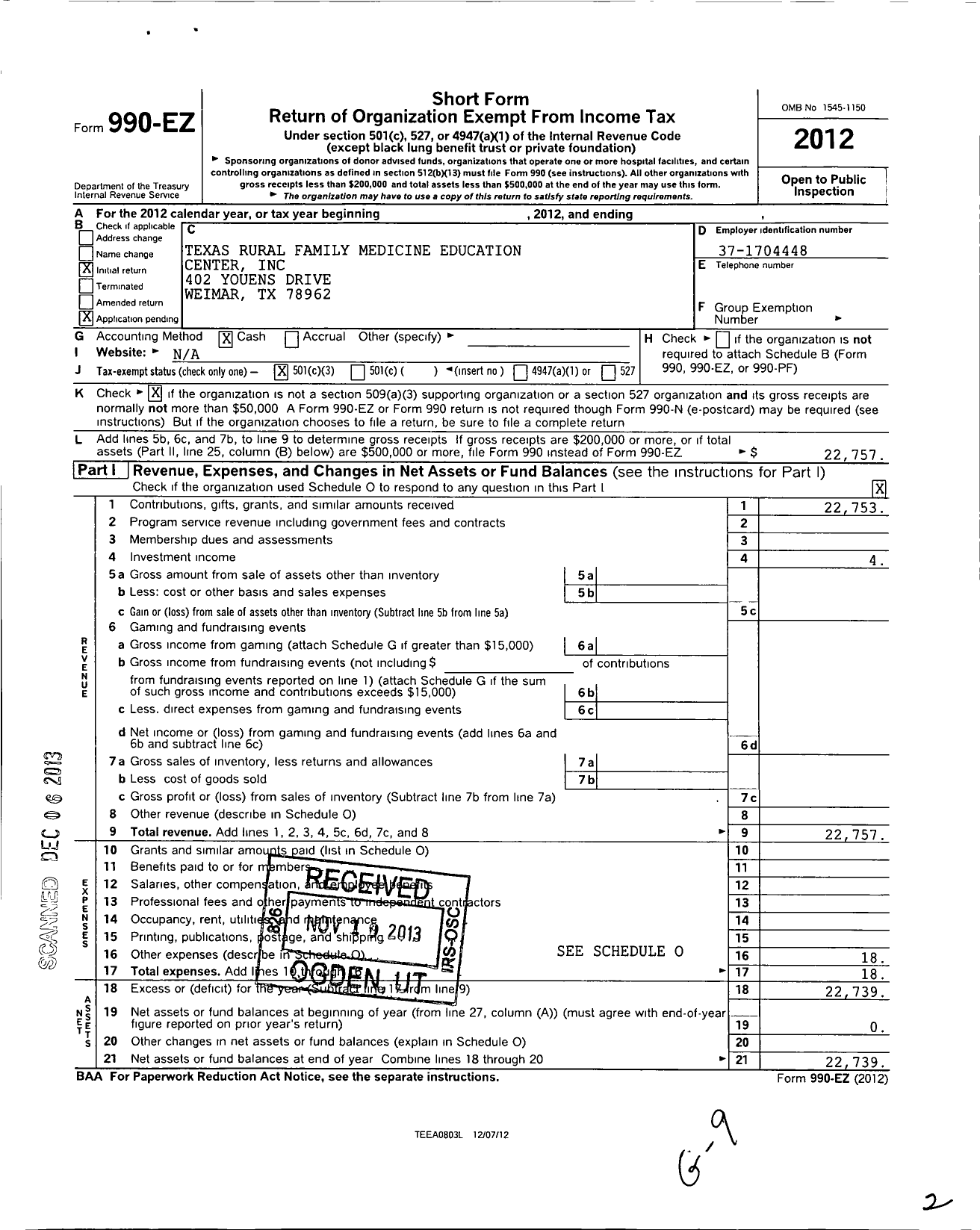 Image of first page of 2012 Form 990EZ for Texas Rural Family Medicine Education Center